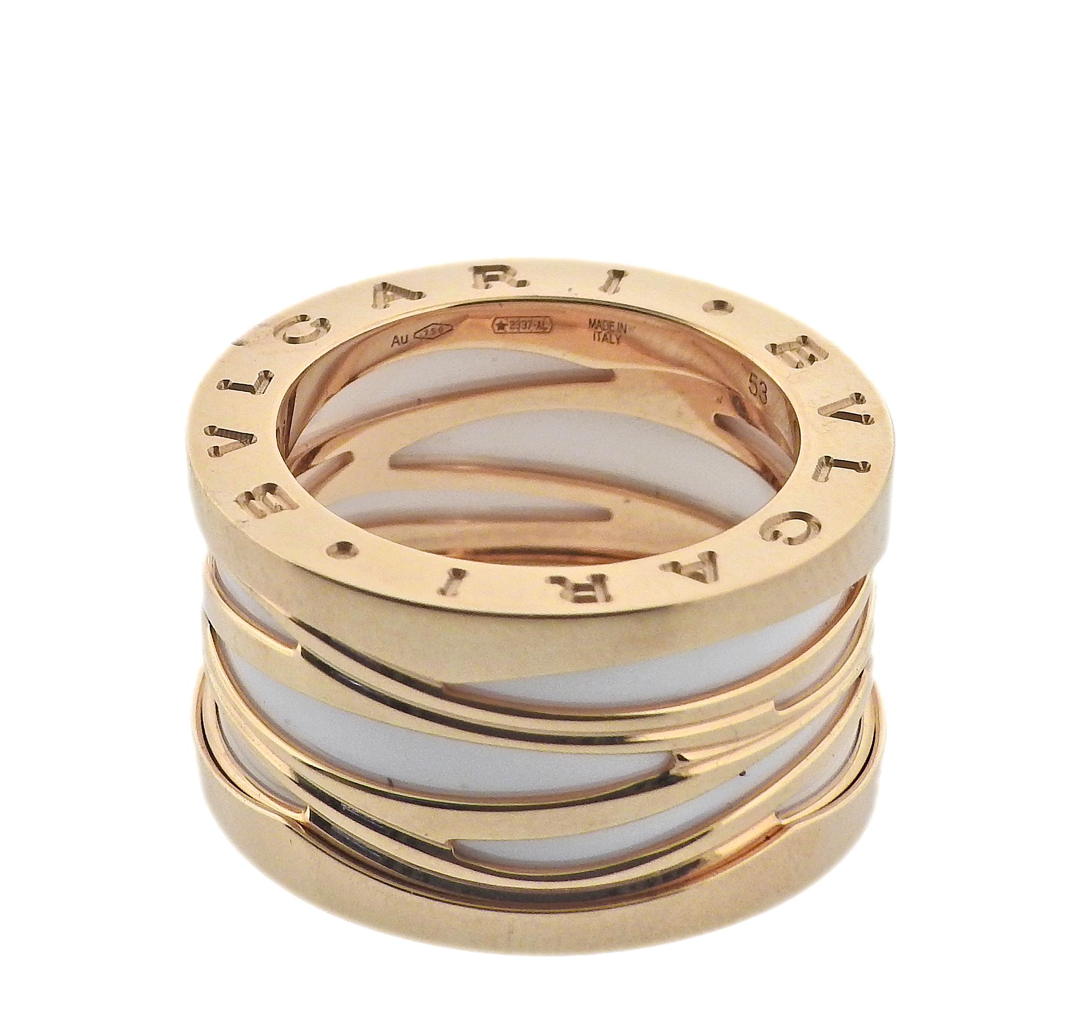 Women's Bulgari B.Zero1 Rose Gold White Ceramic Band Ring For Sale