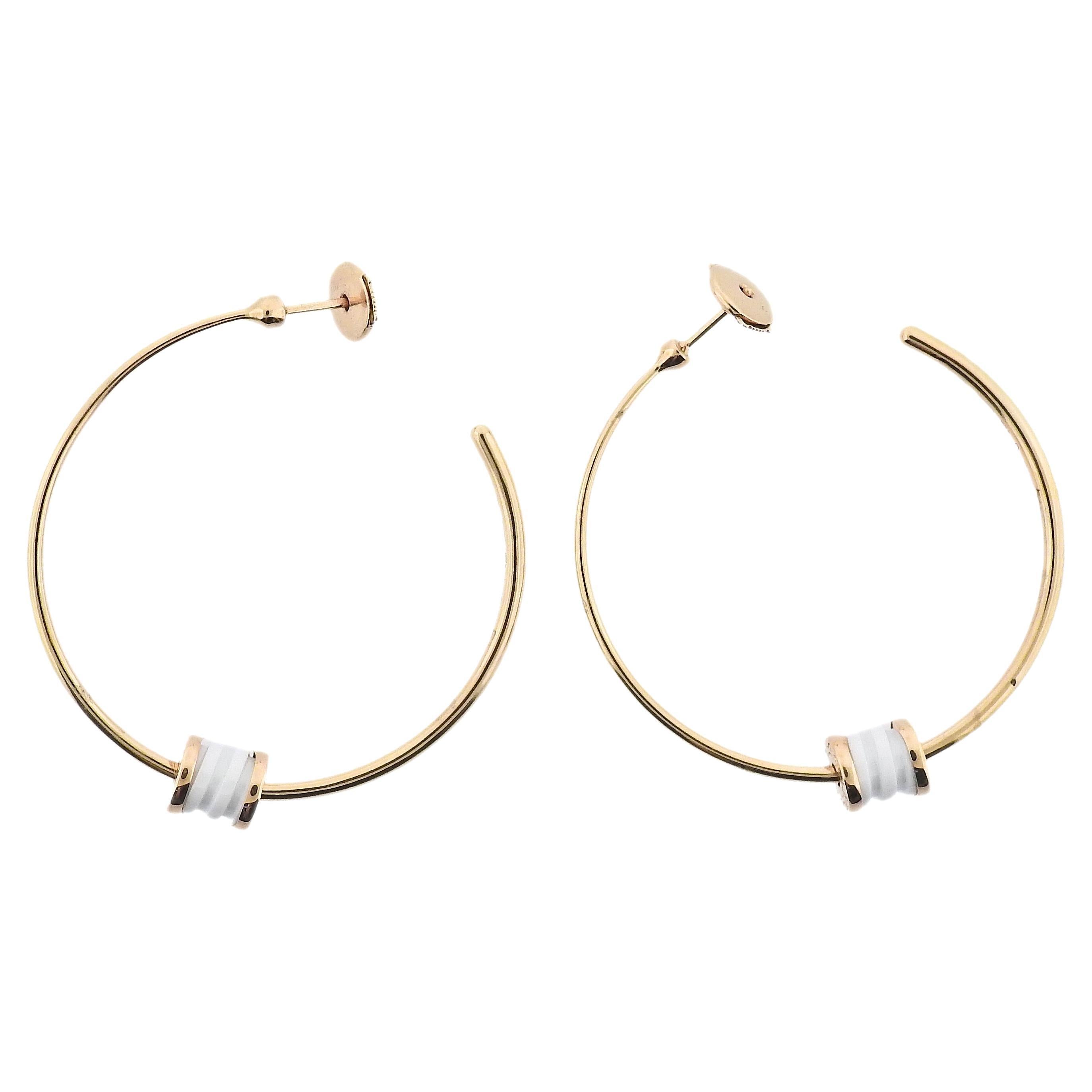 Bulgari B.Zero1 Rose Gold White Ceramic Hoop Earrings For Sale