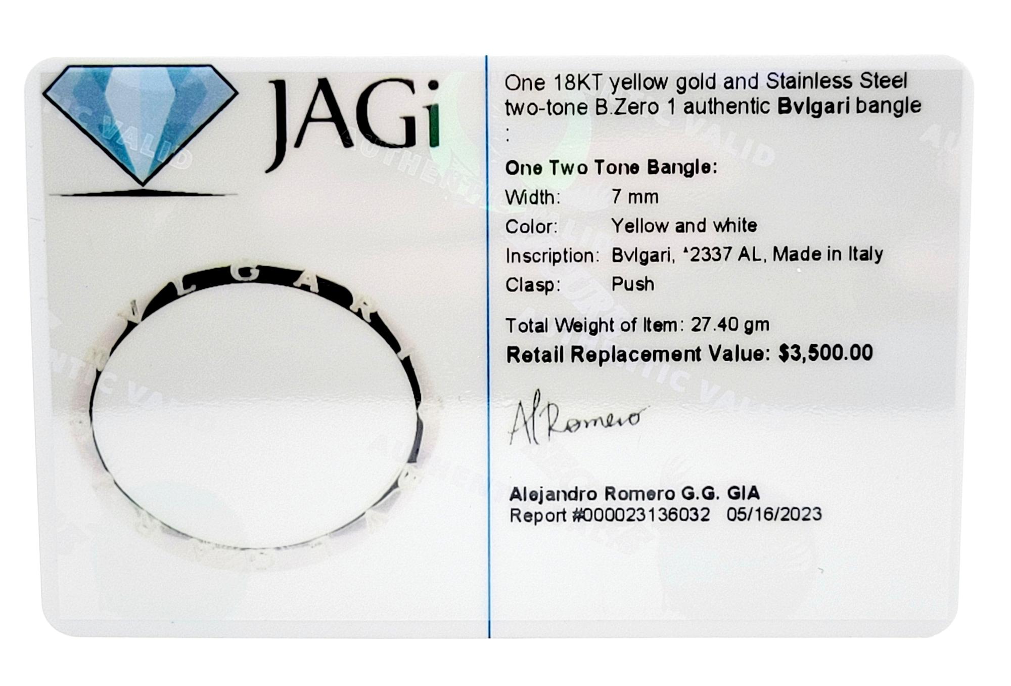 Bulgari B.ZERO1 Two-Tone 18 Karat Yellow Gold & Stainless Steel Bangle Bracelet For Sale 6