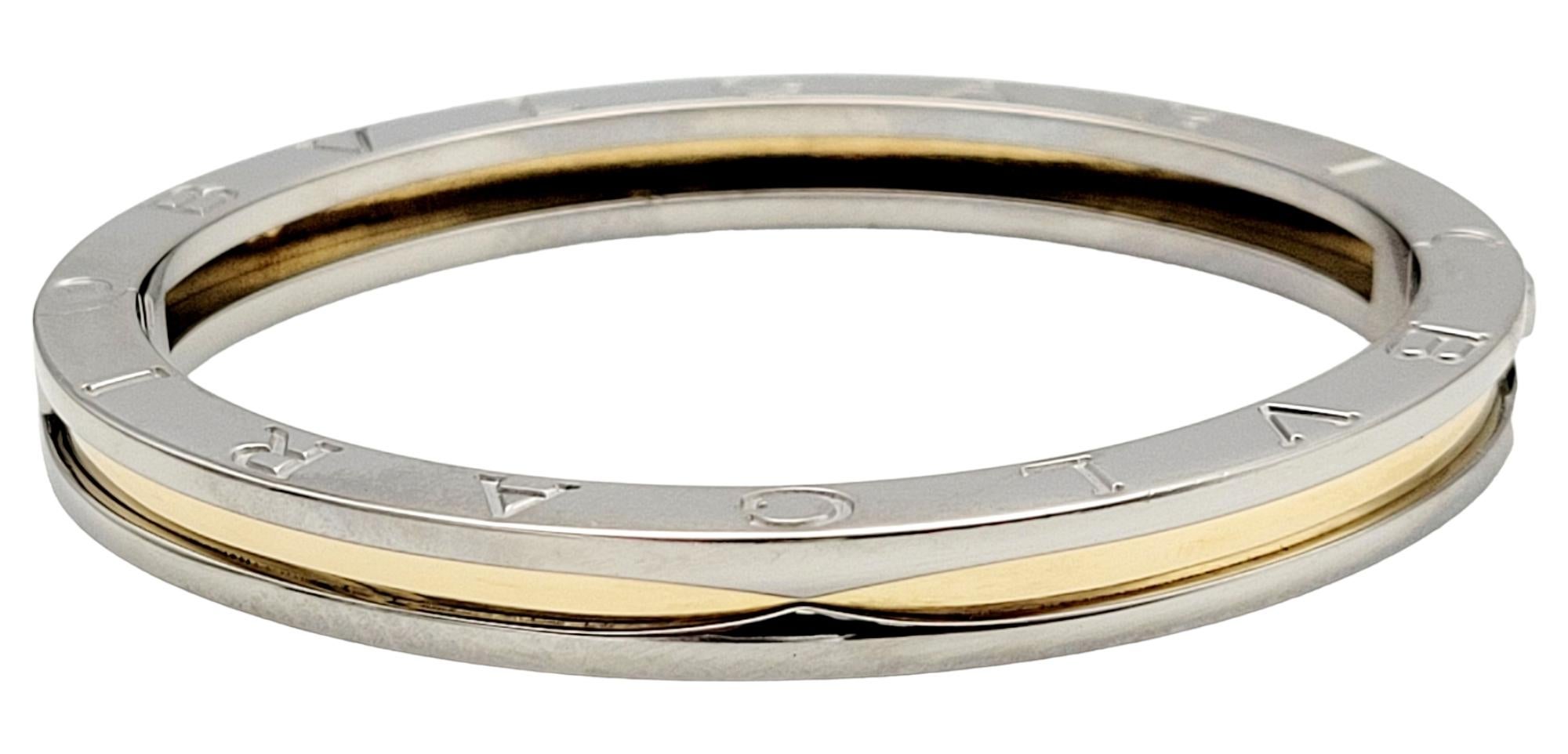 Bulgari B.ZERO1 Two-Tone 18 Karat Yellow Gold & Stainless Steel Bangle Bracelet In Good Condition For Sale In Scottsdale, AZ