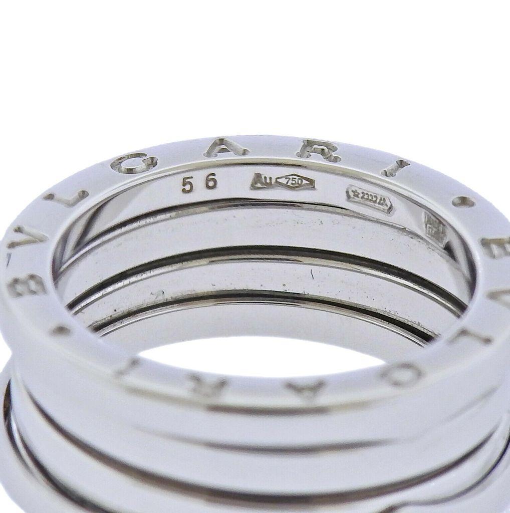 18k white gold B.Zero1 ring by Bulgari. Ring size - 7.5, ring is 8mm wide. Marked - Bvlgari, 750, made in Italy, 56. Weight -10.5 grams. Retail $2190. Brand new store sample. New without tags.