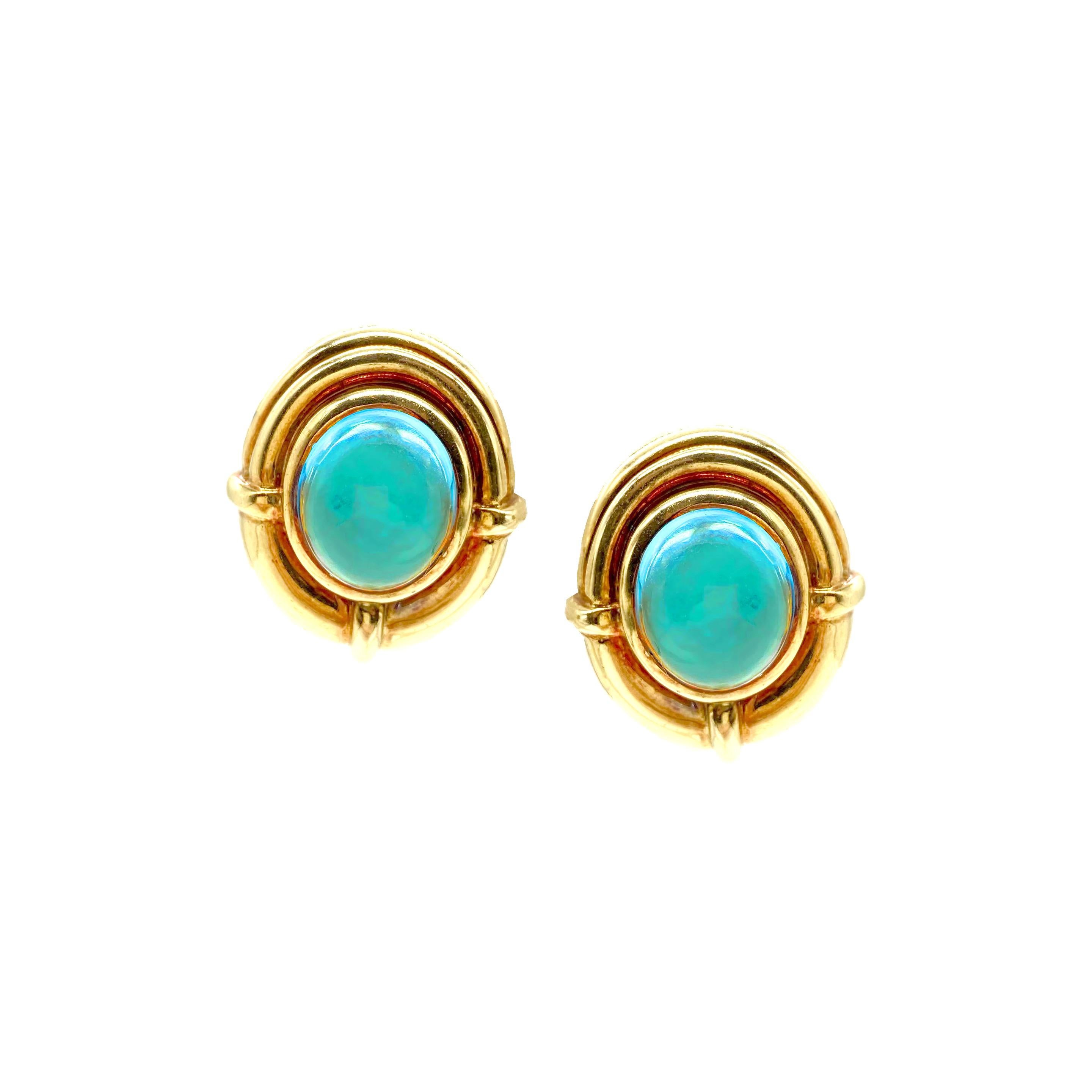 Bulgari Cabochon Blue Topaz Yellow Gold Earrings In Excellent Condition In New York, NY
