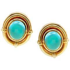 Bulgari Cabochon Blue Topaz Yellow Gold Earrings