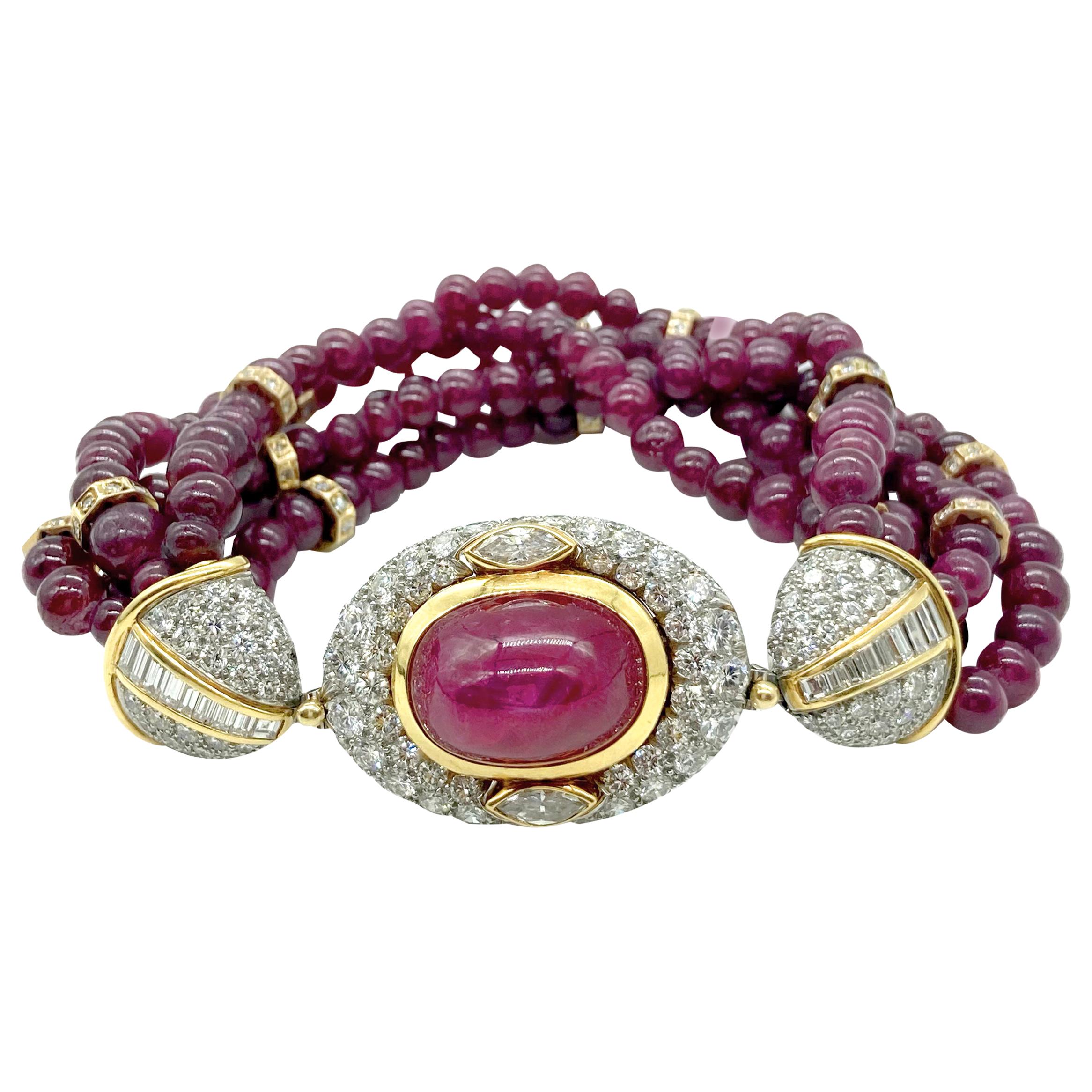 Bulgari Cabochon Burmese Ruby, Diamond, and Ruby Bead Torsade Bracelet