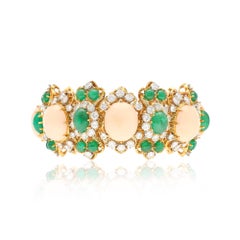BULGARI Cabochon Coral, Emerald and Diamond Bracelet and Ear Clips Suite