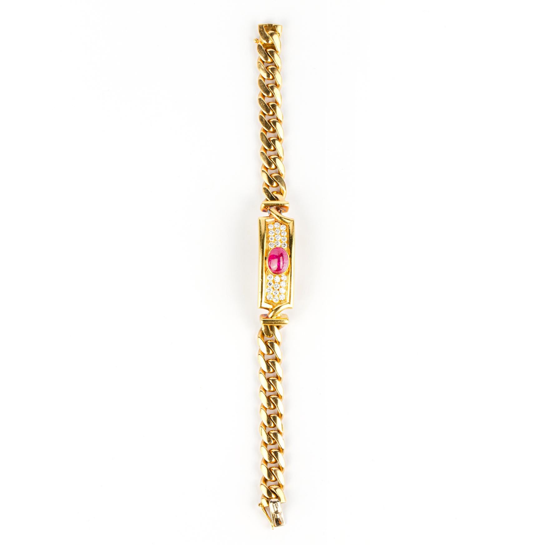 Women's Bulgari Cabochon Ruby and Diamond Link Bracelet For Sale