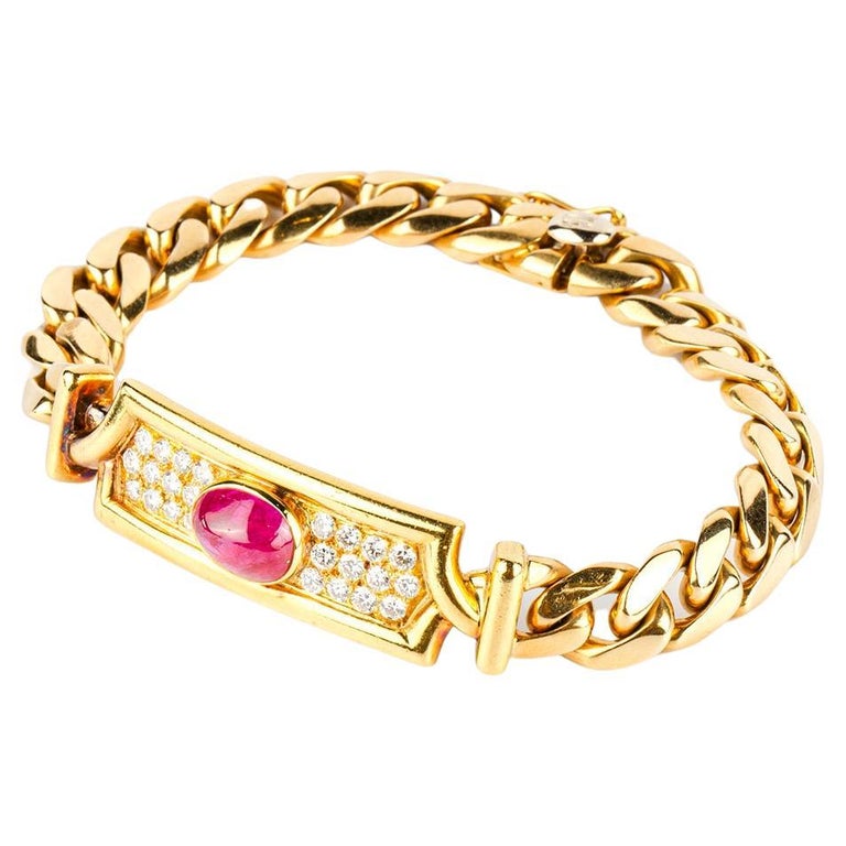 Bulgari Cabochon Ruby and Diamond Link Bracelet For Sale at 1stDibs
