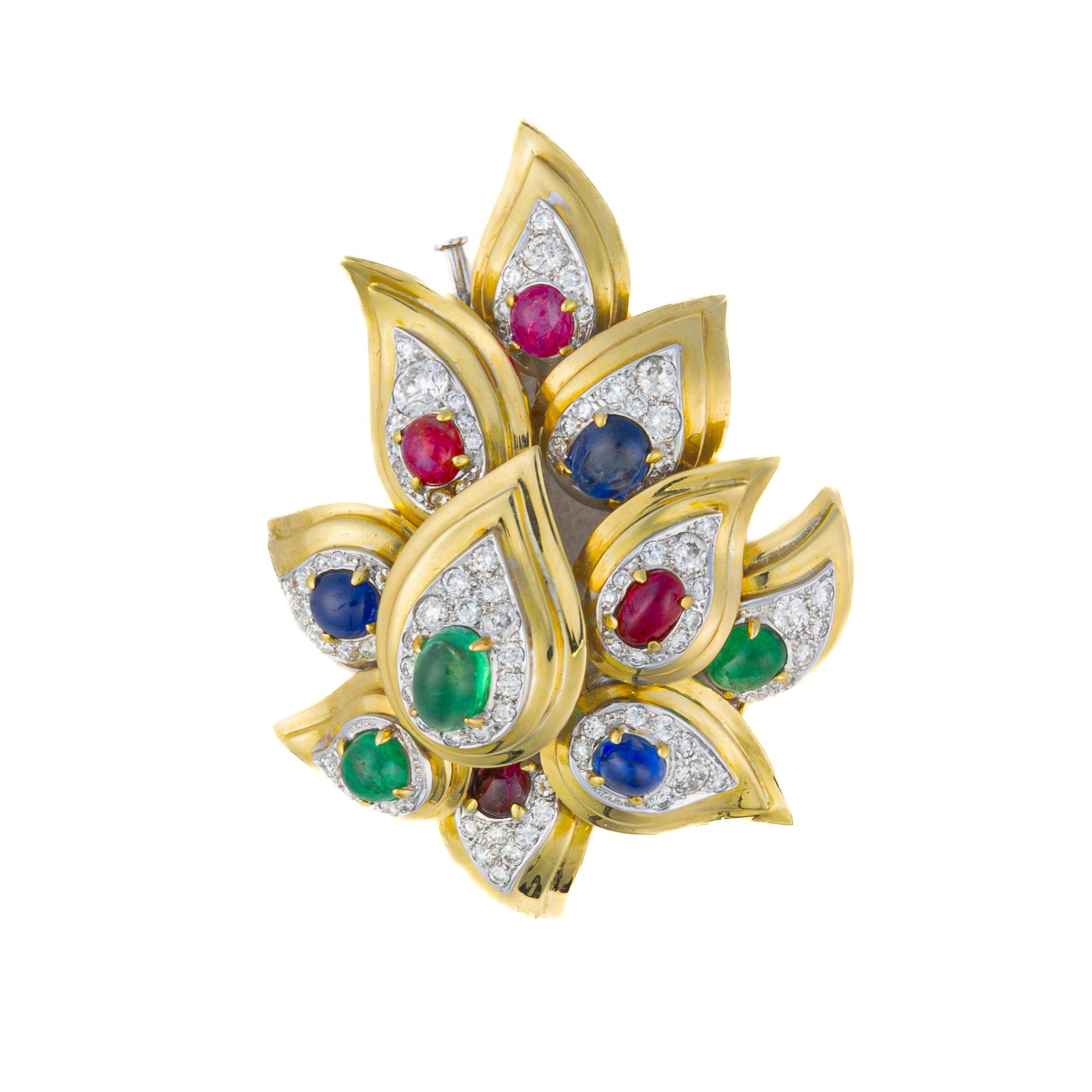 Bulgari - Boucles d'oreilles et broche en rubis, saphir et émeraude cabochon Unisexe en vente