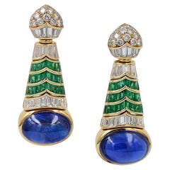 Bulgari Cabochon Sapphire Emerald Diamond Earrings