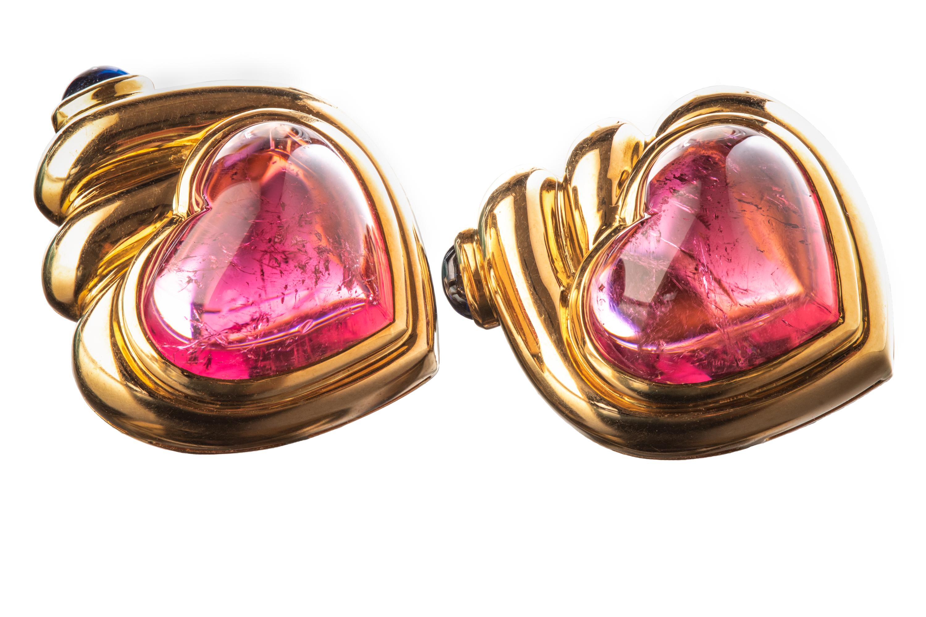 Mixed Cut Bulgari Cabochon Tourmaline and Sapphire Heart Earrings