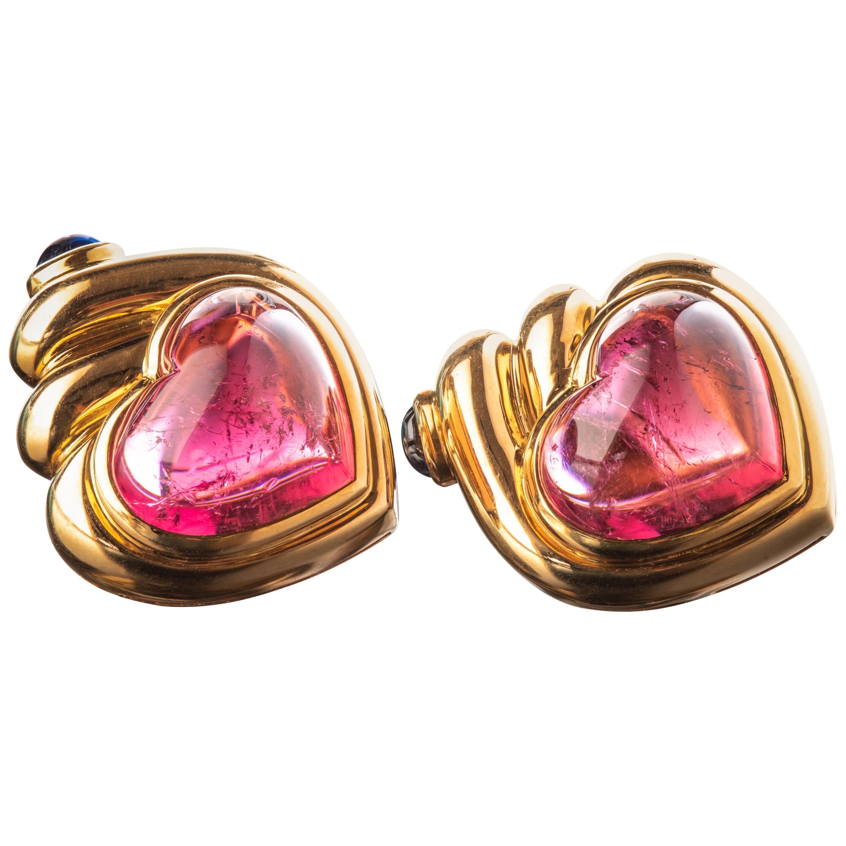 Bulgari Cabochon Tourmaline and Sapphire Heart Earrings
