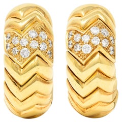 Bulgari Carat Pavé Diamond 18 Karat Yellow Gold Vintage Spiga Hoop Earrings