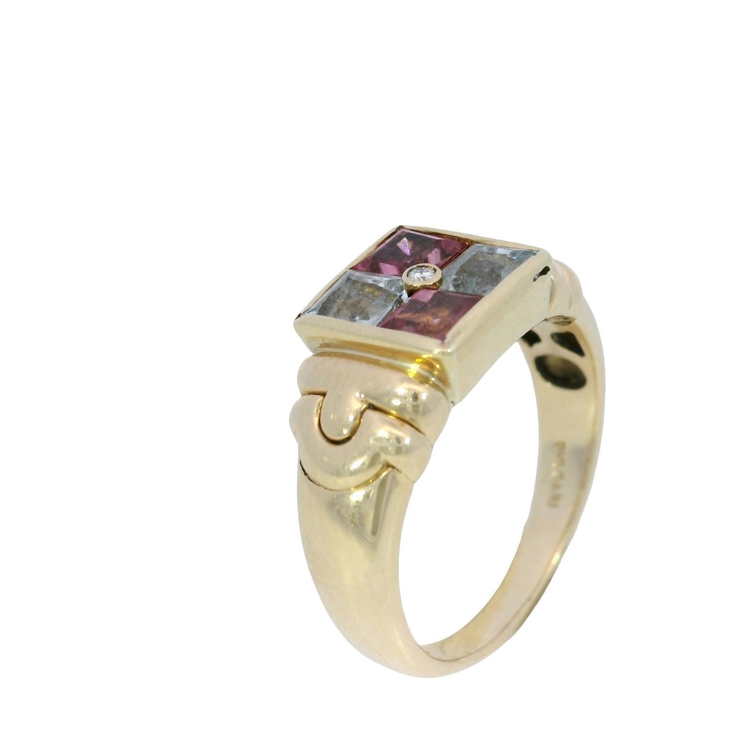 Bulgari Carre 18K Ring Aquamarine Tourmaline Diamond Vintage 18K Yellow Gold For Sale 4
