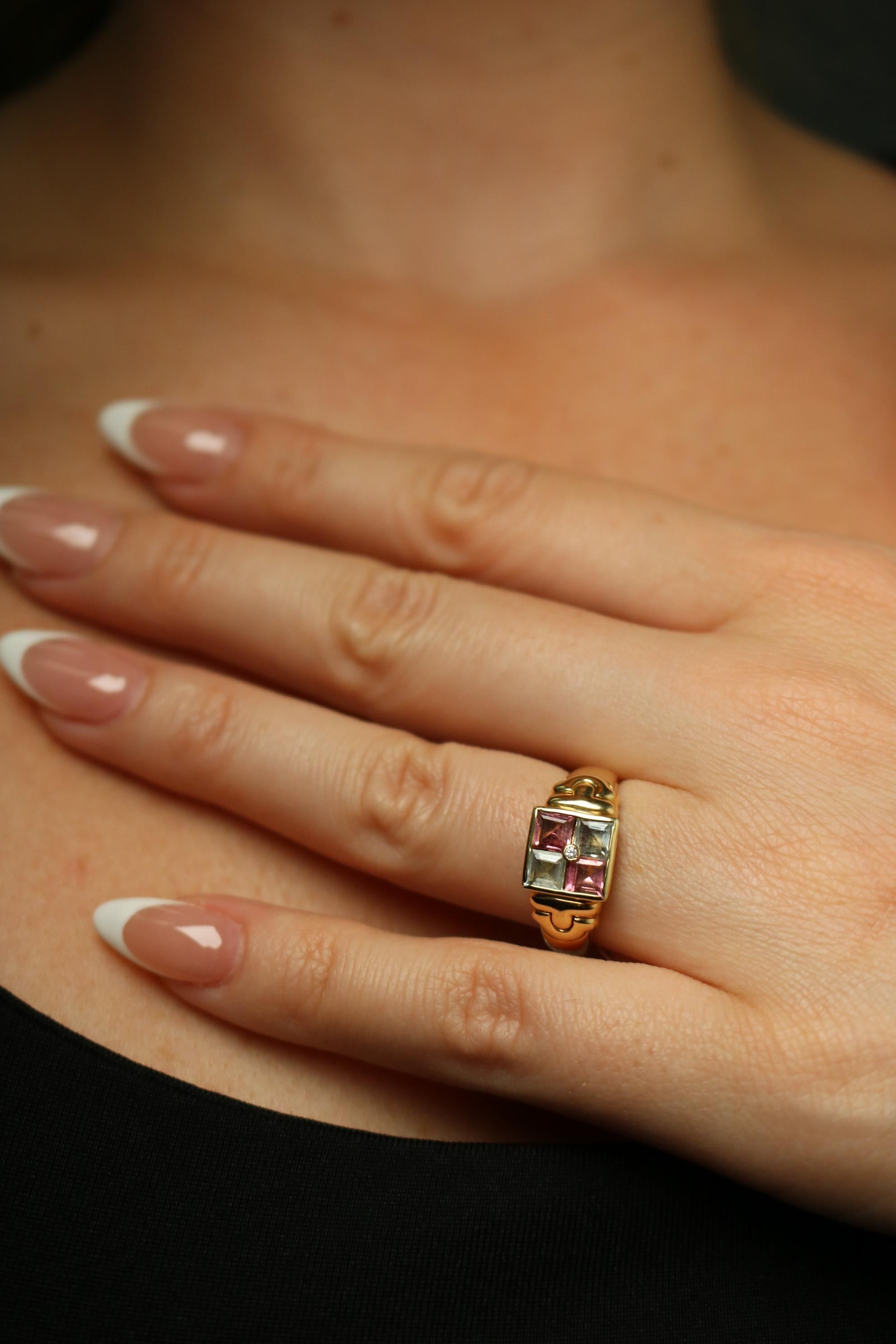 Bulgari Carre 18K Ring Aquamarine Tourmaline Diamond Vintage 18K Yellow Gold For Sale 8