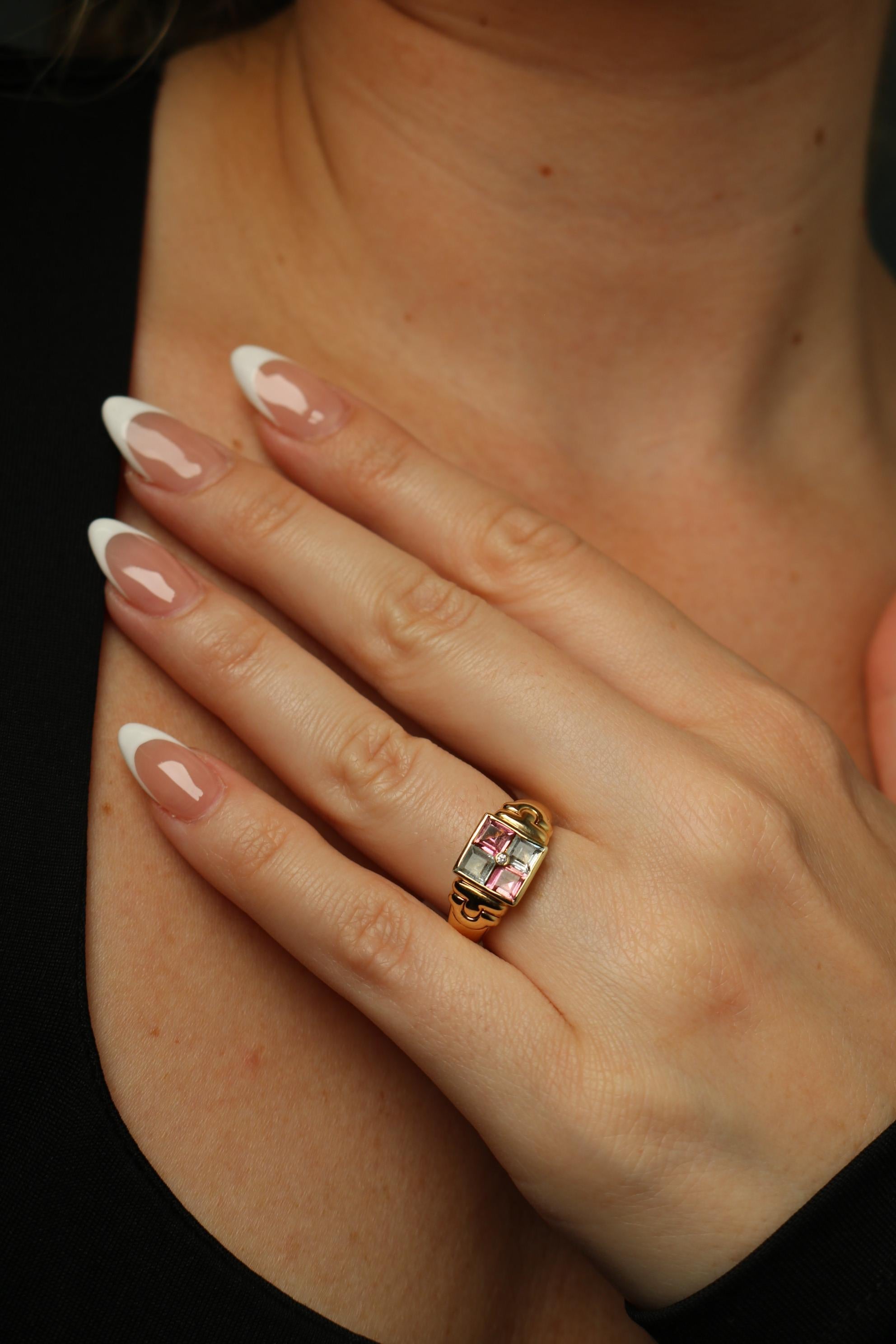 Contemporary Bulgari Carre 18K Ring Aquamarine Tourmaline Diamond Vintage 18K Yellow Gold For Sale