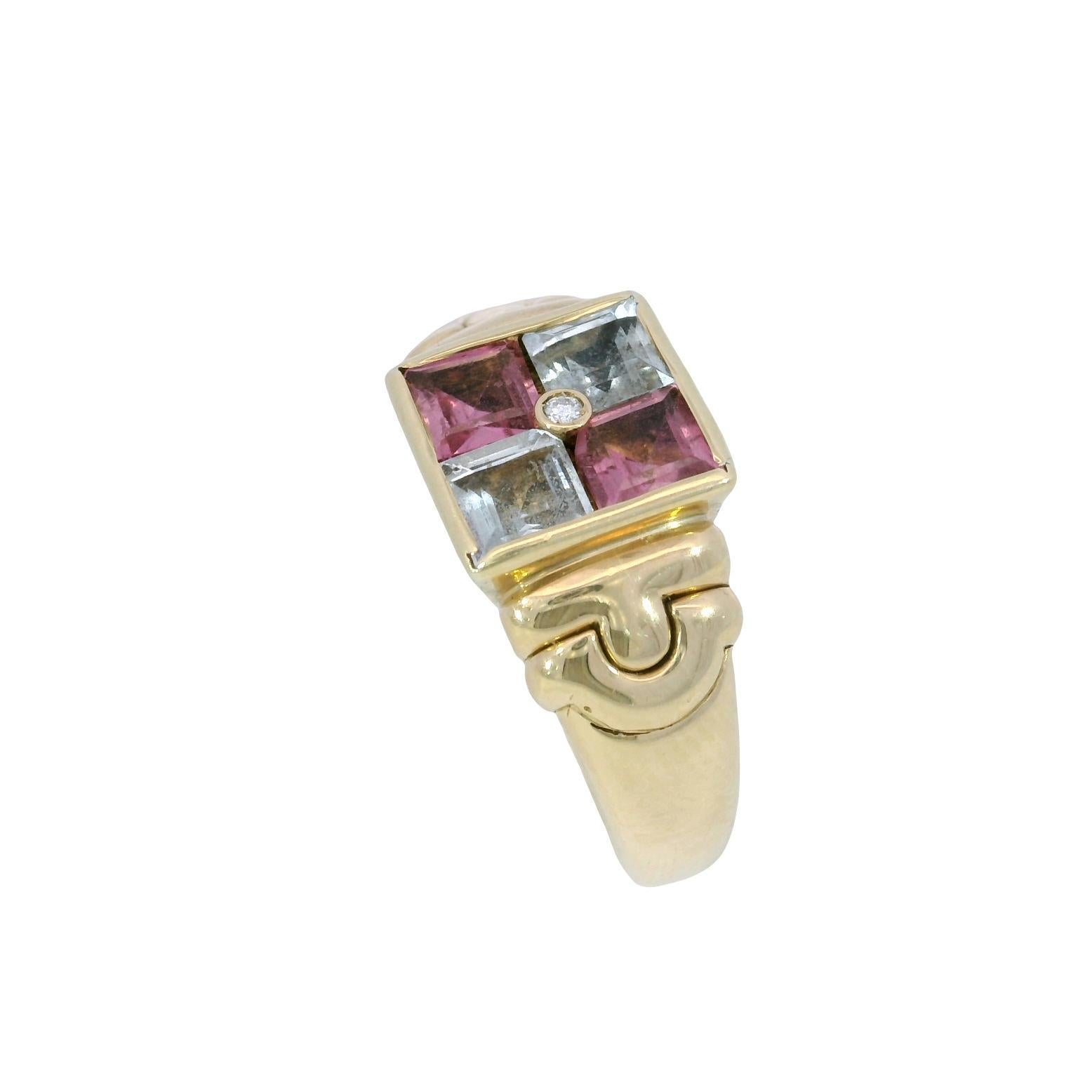 Square Cut Bulgari Carre 18K Ring Aquamarine Tourmaline Diamond Vintage 18K Yellow Gold For Sale