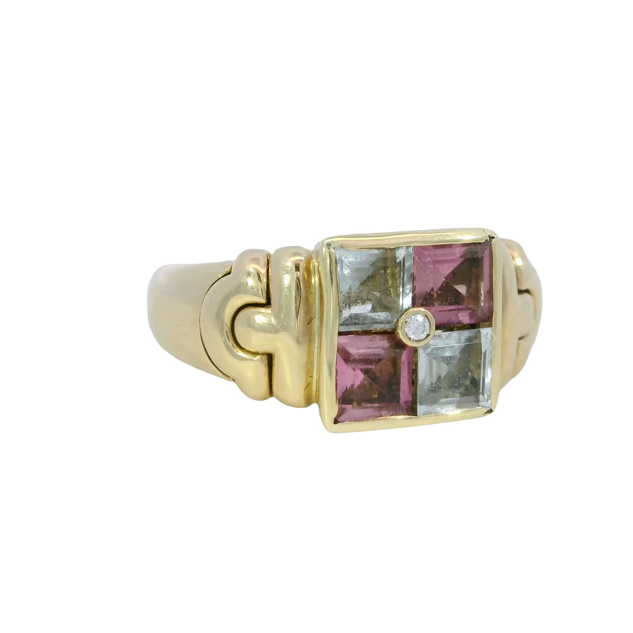 Bulgari Carre 18K Ring Aquamarine Tourmaline Diamond Vintage 18K Yellow Gold For Sale 2