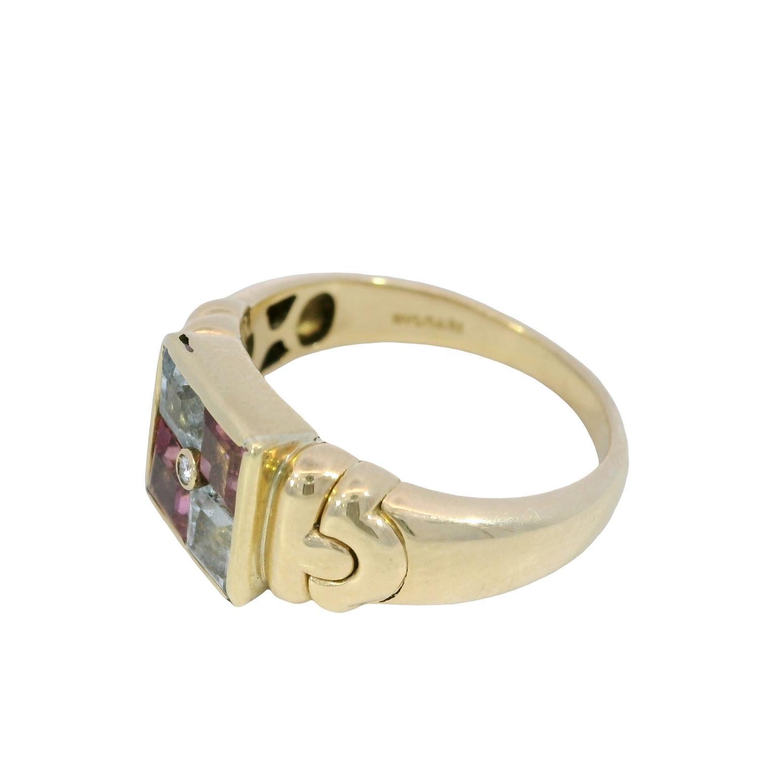 Bulgari Carre 18K Ring Aquamarine Tourmaline Diamond Vintage 18K Yellow Gold For Sale 3