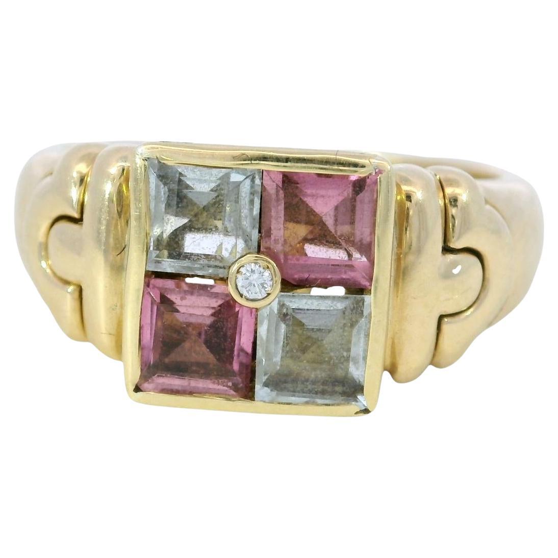 Bulgari Carre 18K Ring Aquamarine Tourmaline Diamond Vintage 18K Yellow Gold For Sale