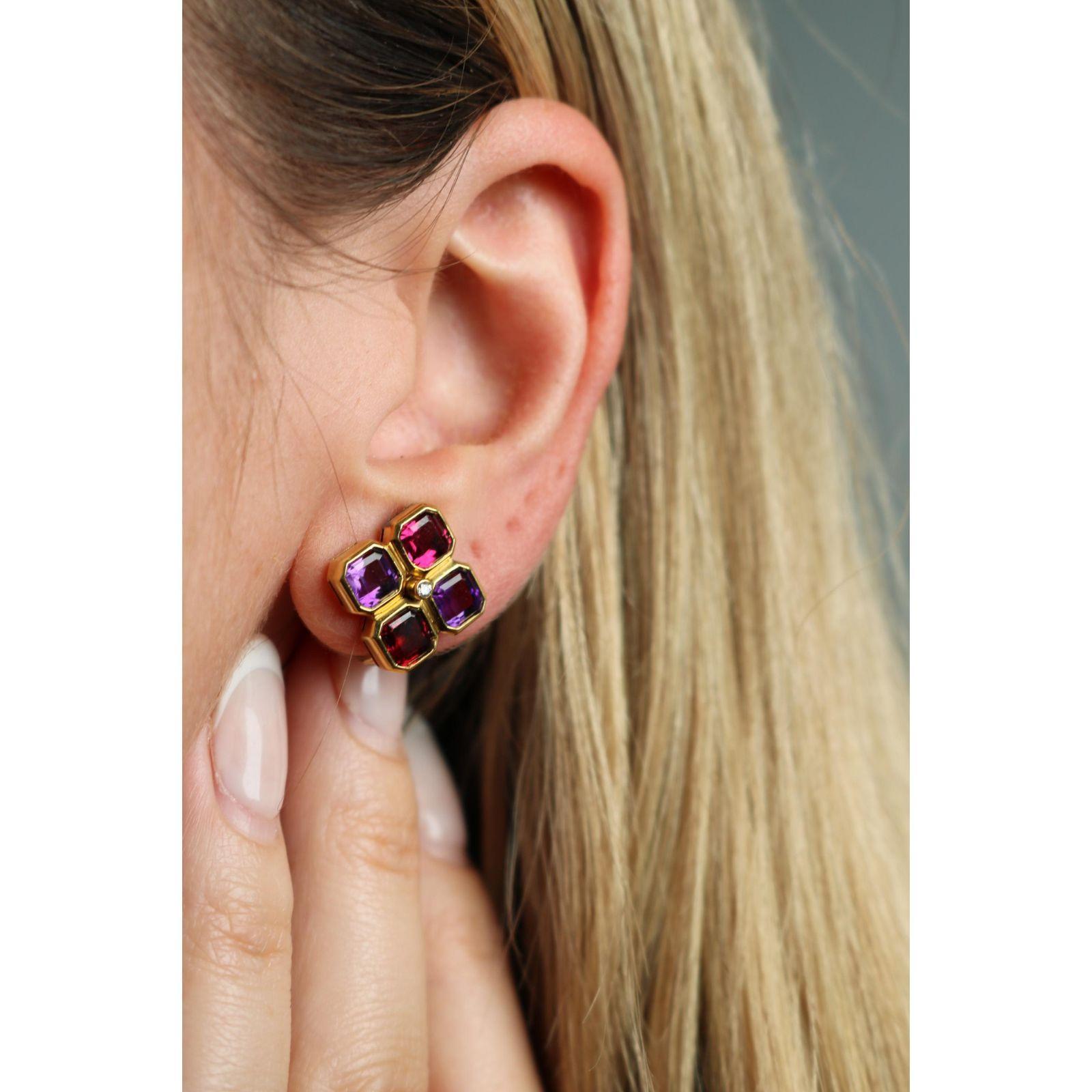 Taille émeraude Bulgari Boucles d'oreilles Carrs Améthyste Tourmaline Clip-ons Or jaune 18K en vente