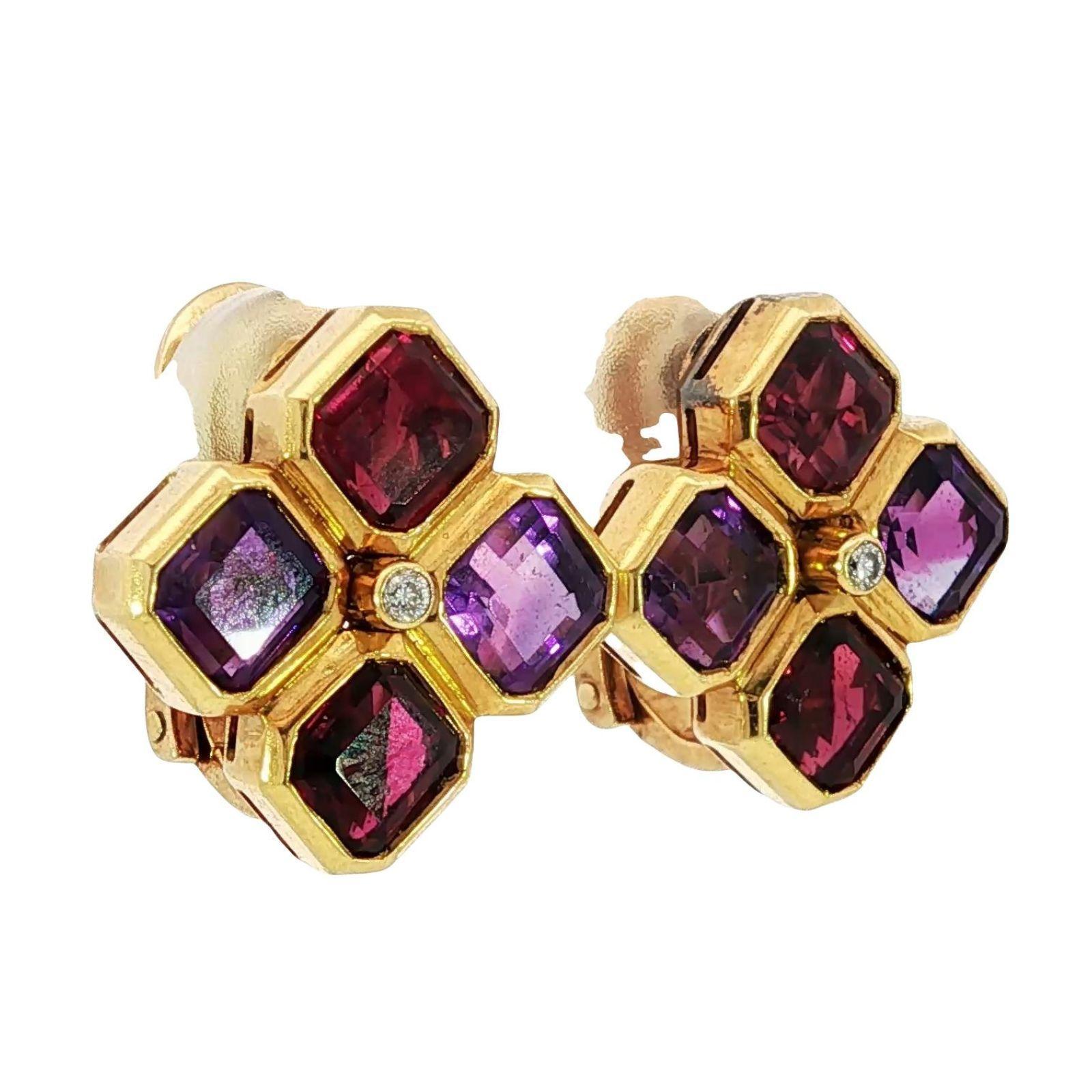 Bulgari Boucles d'oreilles Carrs Améthyste Tourmaline Clip-ons Or jaune 18K Bon état - En vente à Fairfield, CT