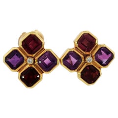 Bulgari Carre Earrings Amethyst Tourmaline Clip-ons 18K Yellow Gold