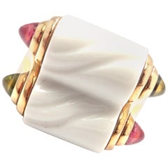 Bulgari Carved White Ceramic Pink and Green Tourmaline Yellow Gold Ring