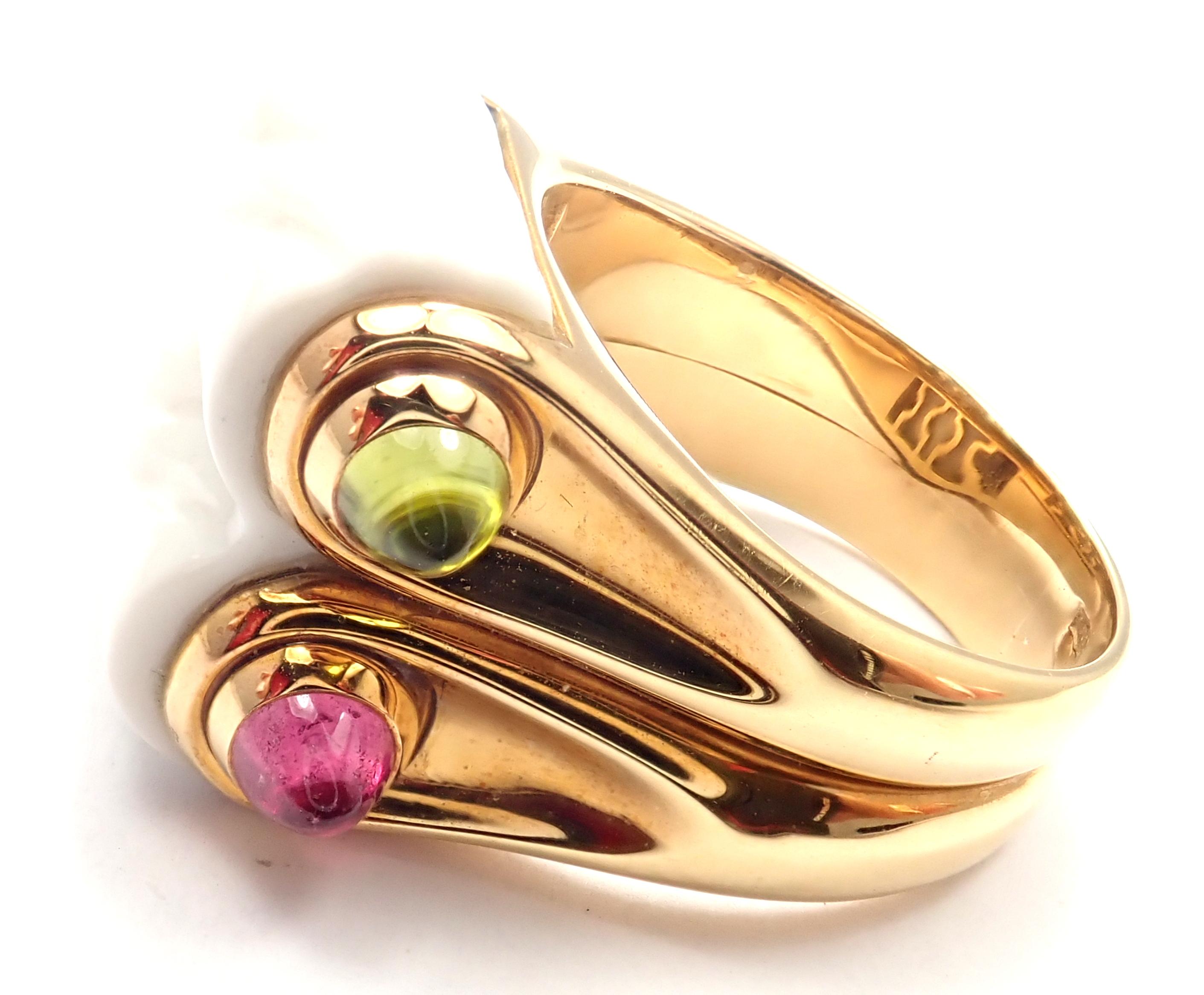 Bulgari Carved White Ceramic Pink and Green Tourmaline Yellow Gold Ring In Excellent Condition In Holland, PA