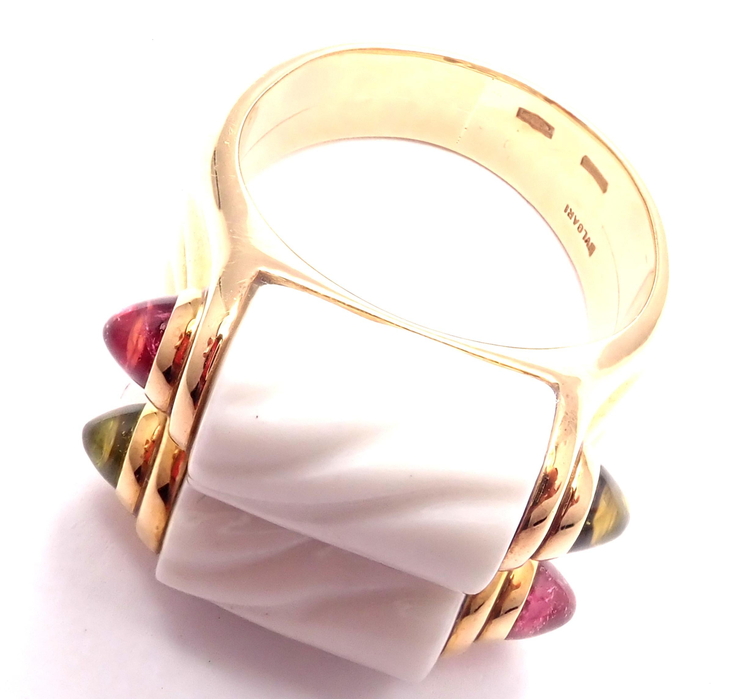 Women's or Men's Bulgari Carved White Ceramic Pink and Green Tourmaline Yellow Gold Ring