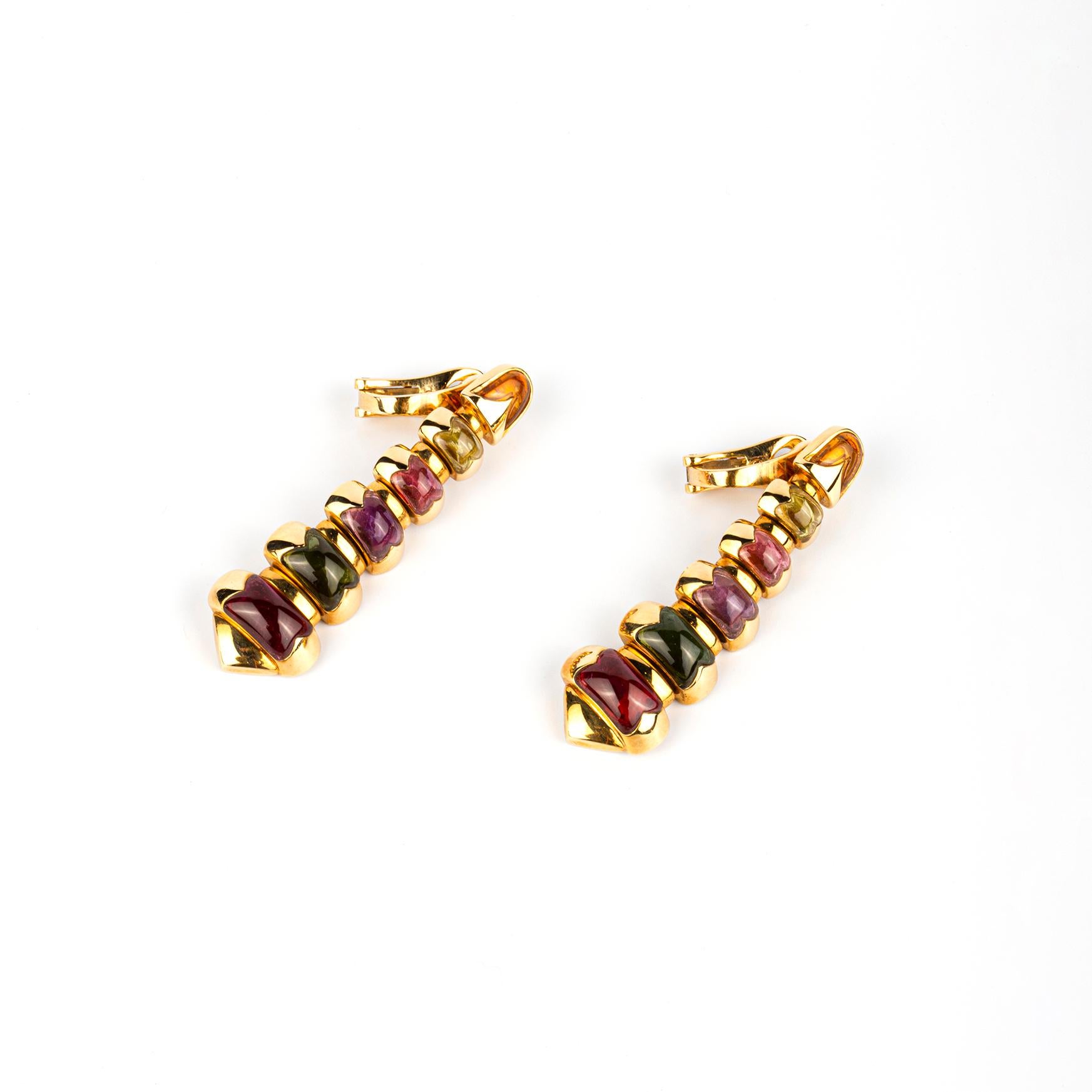 Bulgari Celtaura Style 18k yellow gold drop earrings with multi-colored gemstones in rose and green shades. Made in Italy, circa 1980.