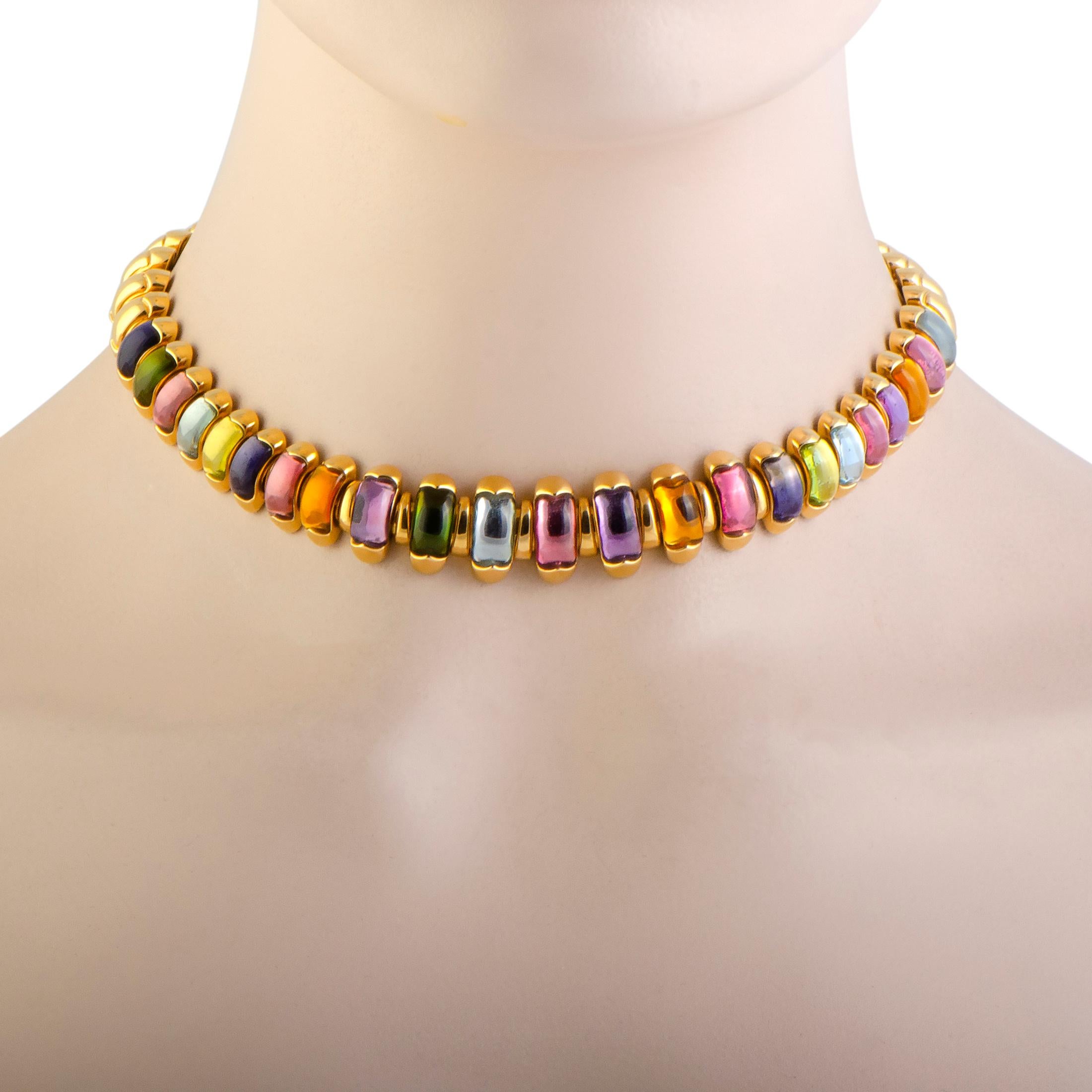 With its exceptional design and attractive gemstone décor, this extraordinary necklace from Bvlgari will accentuate your ensemble in an incredibly eye-catching manner. The necklace is expertly crafted from luxurious 18K yellow gold and set with a