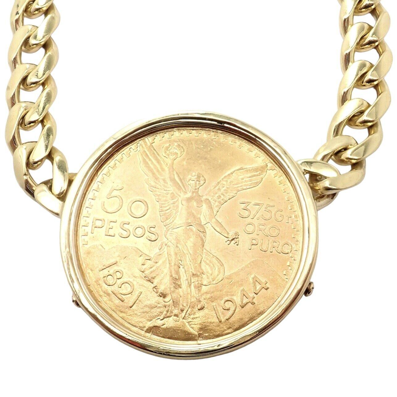 Bulgari 18k yellow gold with 22k Gold Centenario 50 Pesos Coin pendant link chain necklace.
Details:
Metal: Chain: 18k Yellow Gold
Coin: 1.205 troy ounces of gold (the entire weight of the coin is 1.33 ounces) Roughly +90% Pure Gold
Measurements: