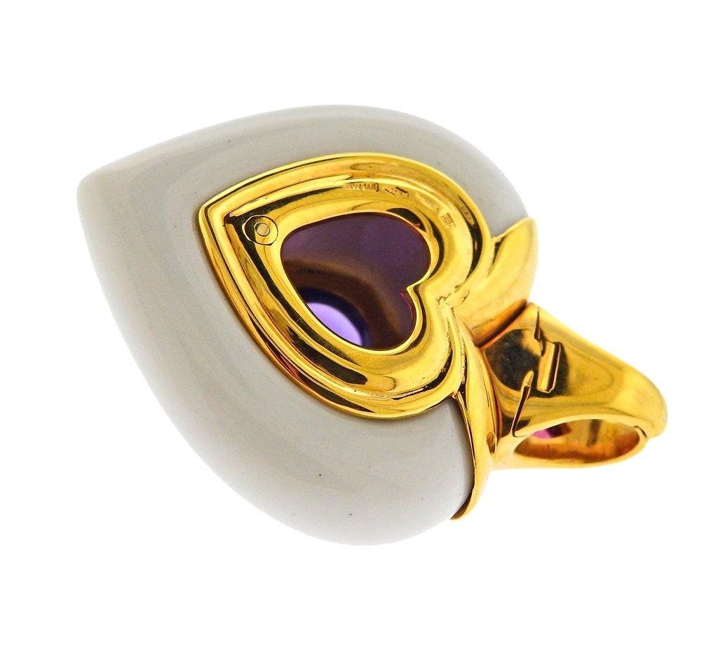 Women's or Men's Bulgari Ceramic Amethyst Tourmaline Gold Heart Pendant