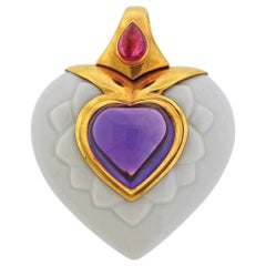 Bulgari Ceramic Amethyst Tourmaline Gold Heart Pendant