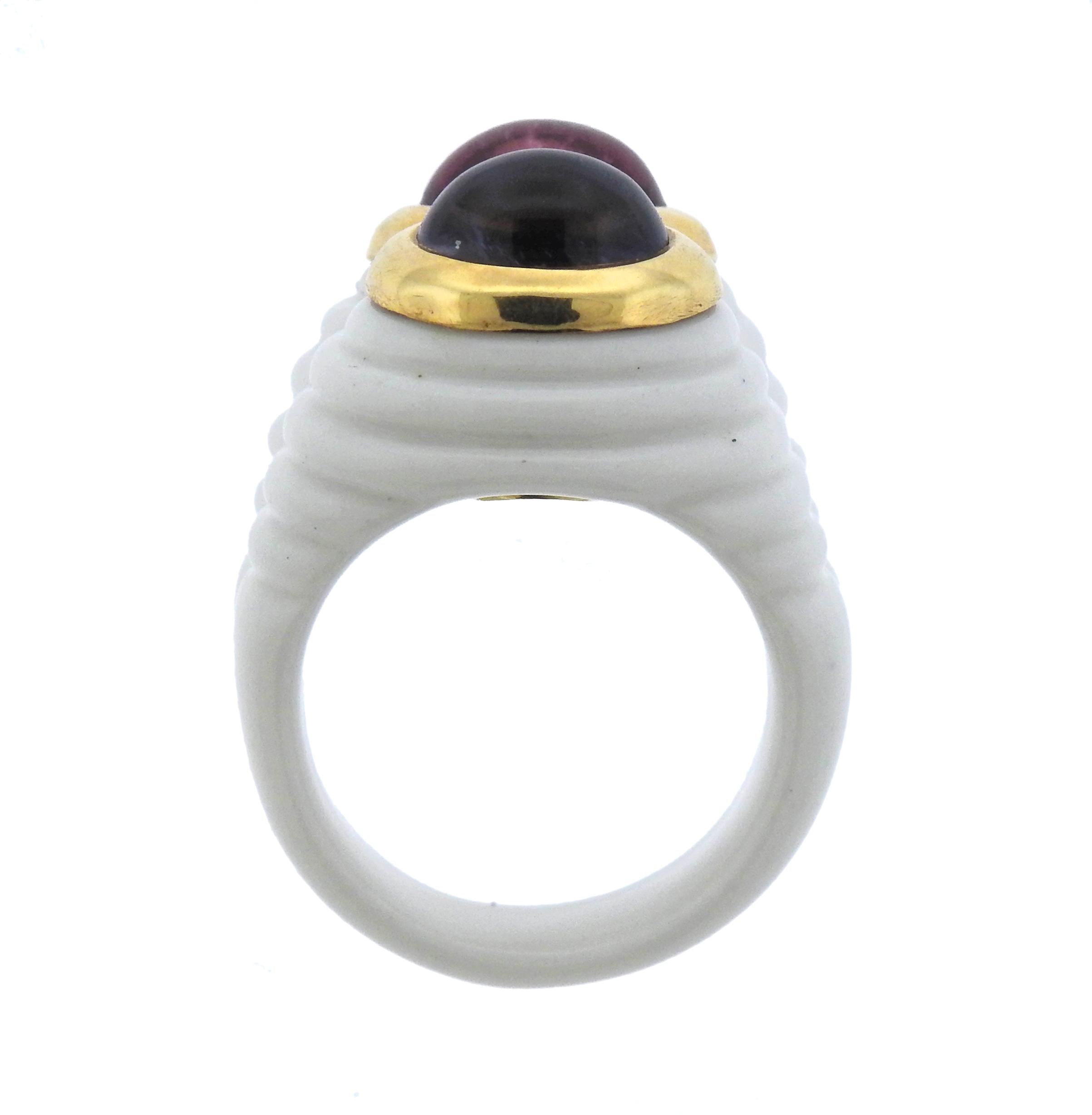 Women's Bulgari Ceramic Gold Iolite Tourmaline Ring