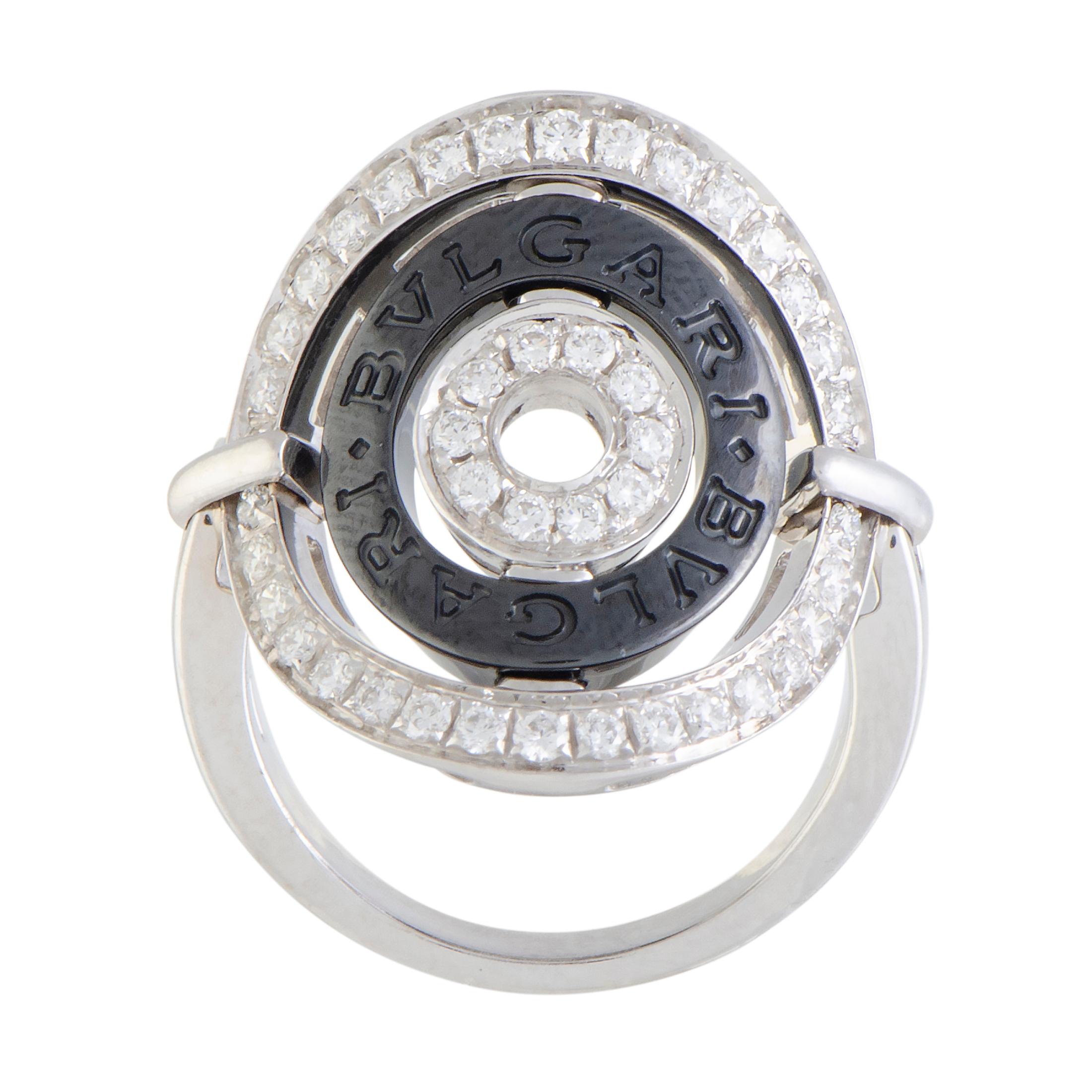 Created for the exceptional “Astrale” collection by Bvlgari, this fabulous statement piece boasts an incredibly offbeat design that is beautifully topped off with lustrous diamonds. The ring is made of prestigious 18K white gold accentuated by a