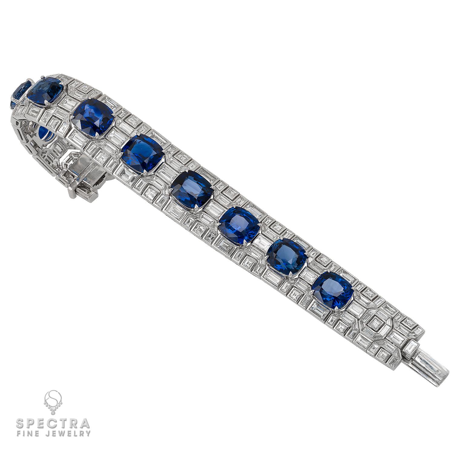 The juxtaposed geometric links, which evoke the unique pavements in the streets of Rome itself, lay the groundwork for this graphic Bulgari Sapphire Diamond Bracelet, made in Italy in the 20th century, circa 1980. Crafted in platinum, set with
