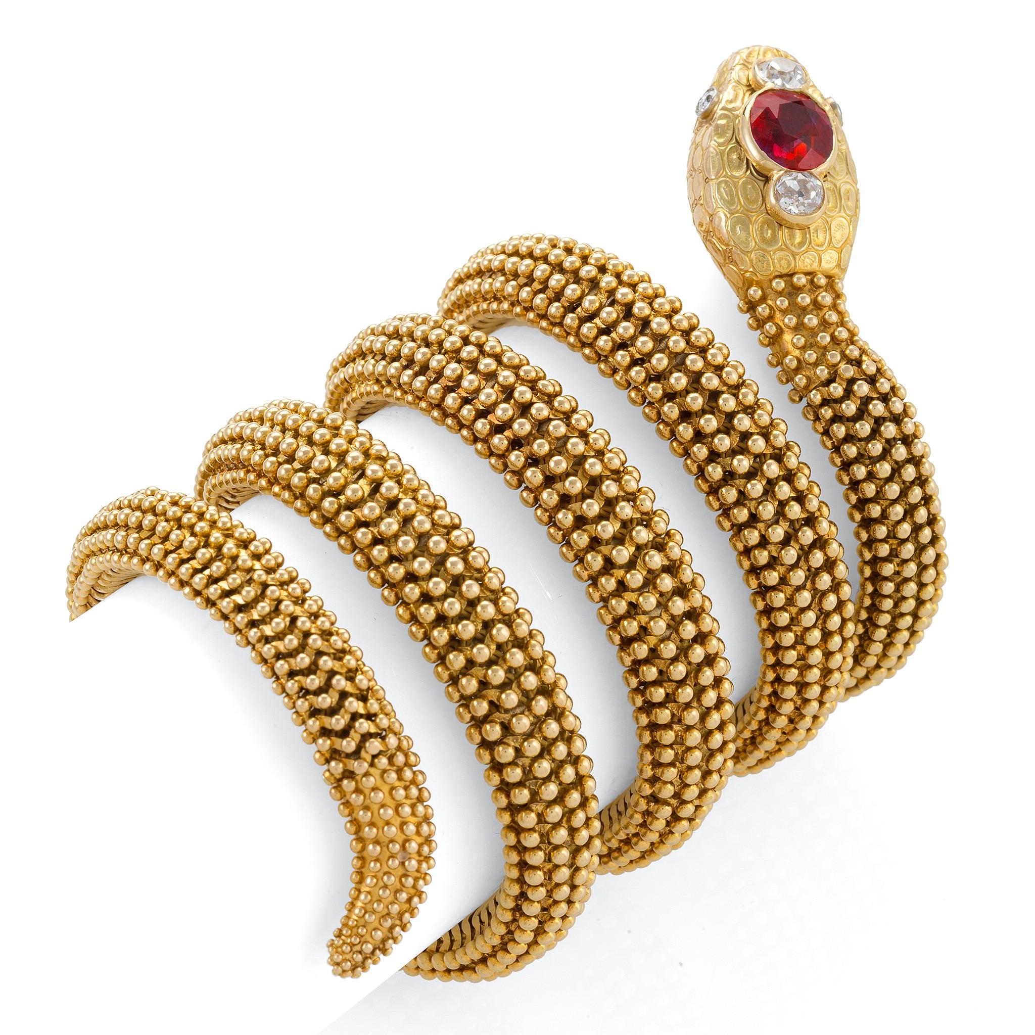 This opulent five-coil gold, Ceylon ruby and diamond 