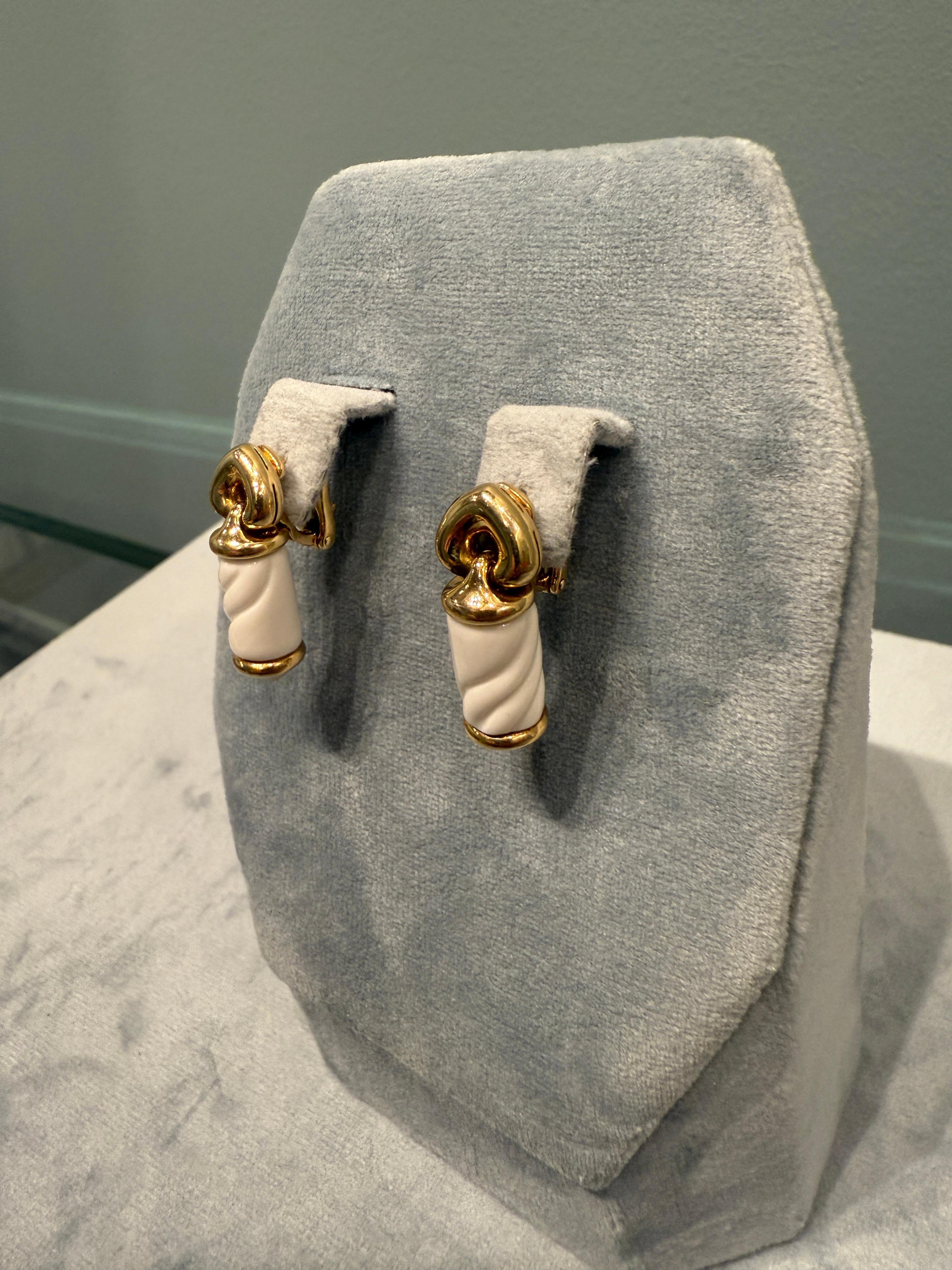 A stunning pair of Bulgari 18k yellow gold and white ceramic drop earrings. They are from the early 1990’s Bulgari Chandra Collection. 
 These fabulous earrings embody both class and beauty.
The rare full Matching Chandra set togheter ring and