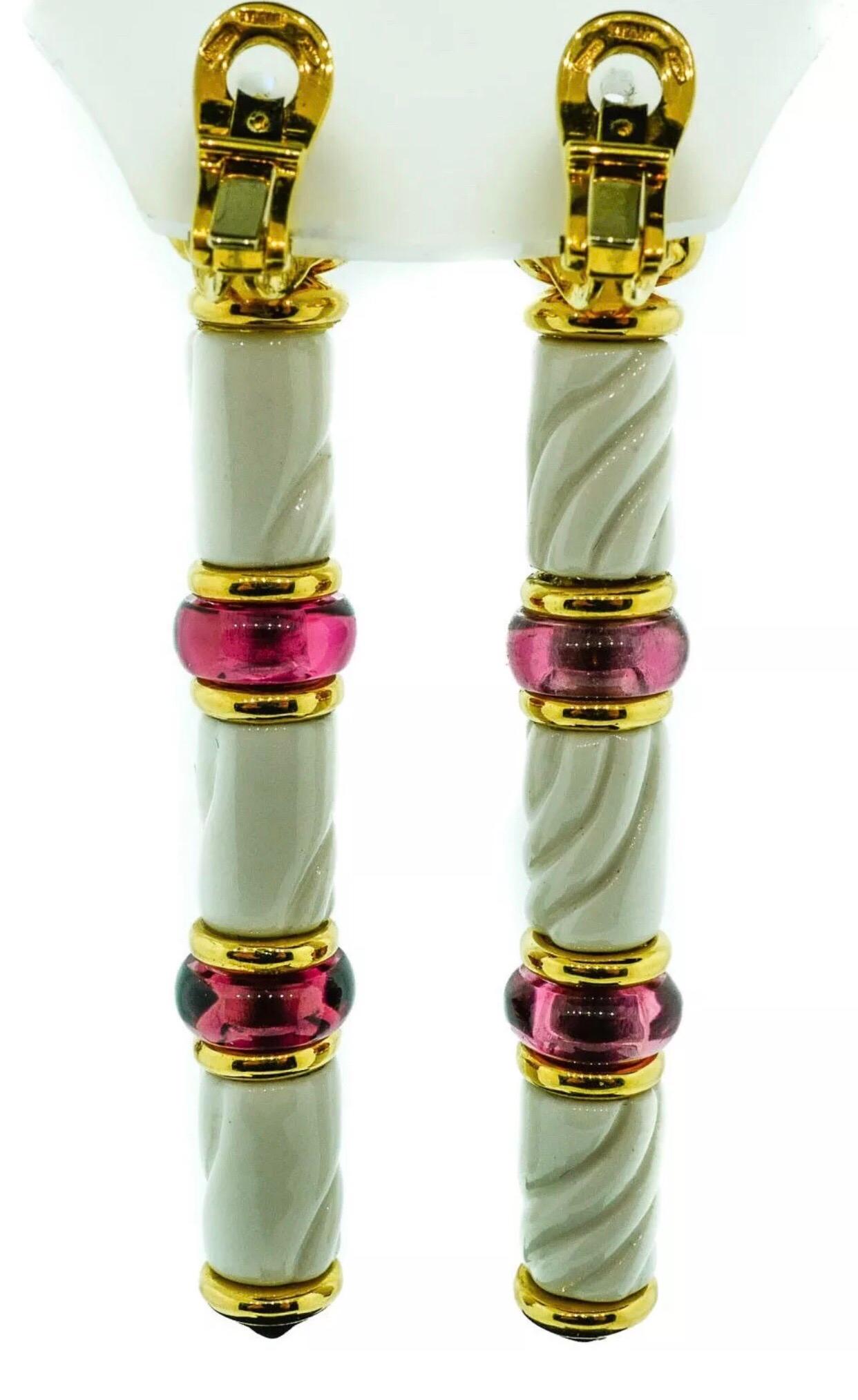 Bulgari Chandra Collection Yellow Gold Ceramic Rubellite Drop Earrings 1