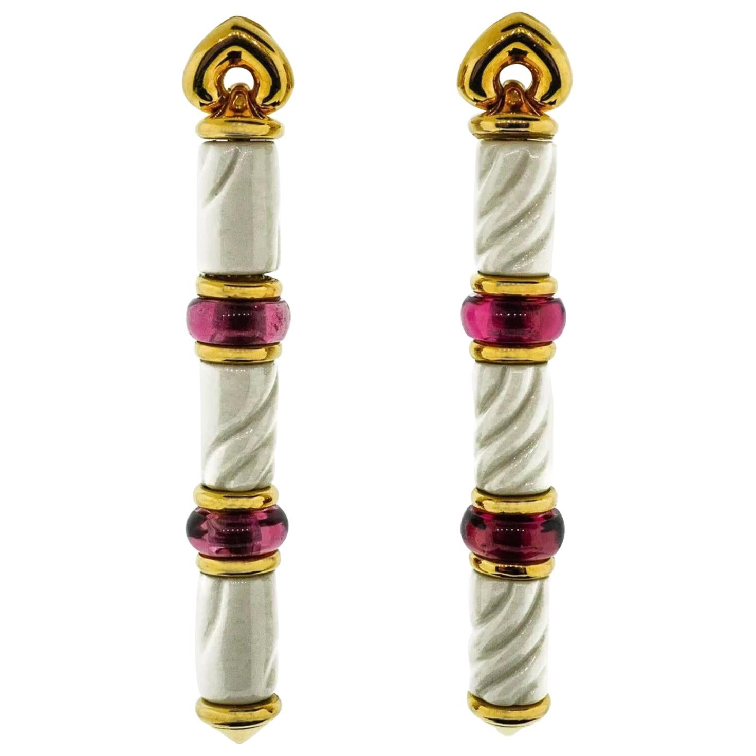 Bulgari Chandra Collection Yellow Gold Ceramic Rubellite Drop Earrings