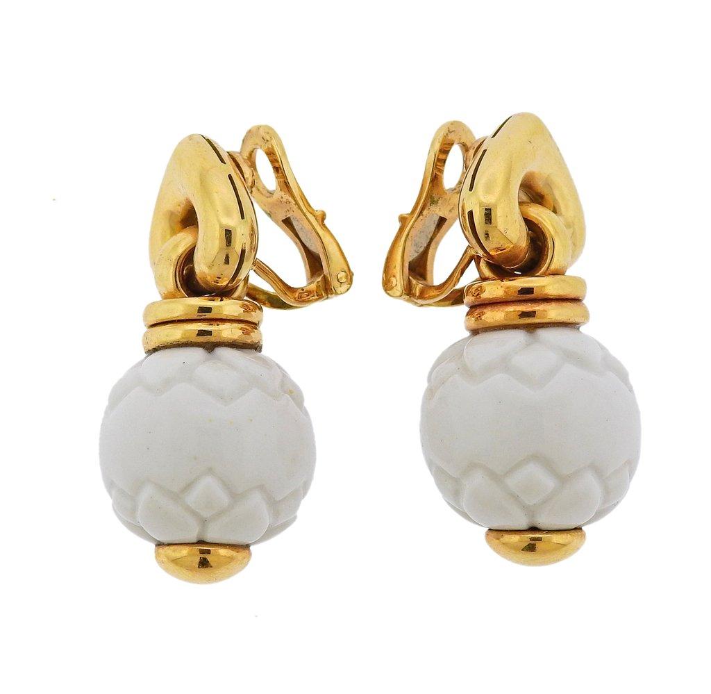 Pair of 18k yellow gold Chandra earrings by Bvlgari, with white ceramic. Earrings are 36mm long x 18mm wide. Weight is 28.4 grams. Marked Bvlgari, 750, 774 ROMA. 