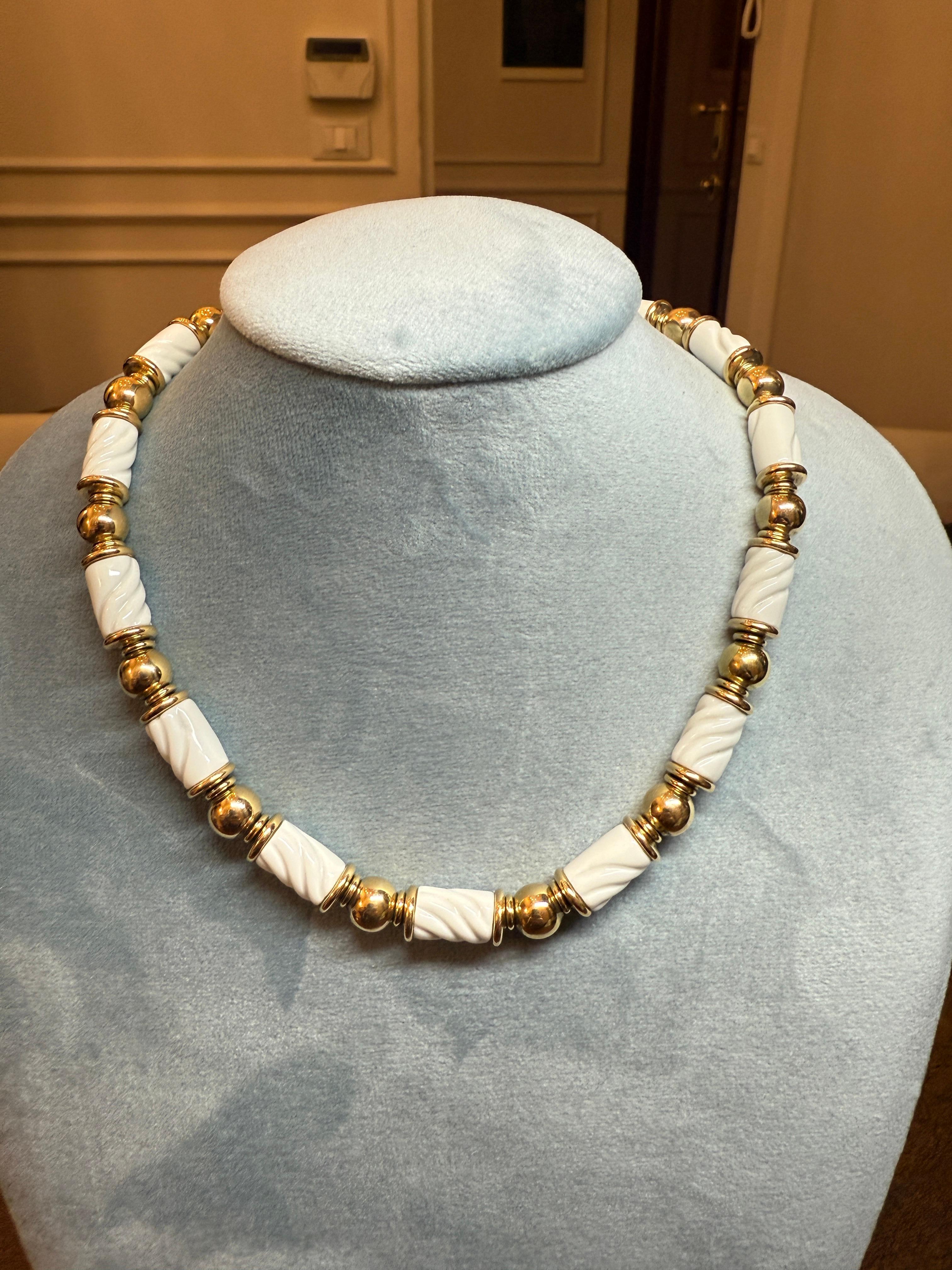 Bulgari 18Kt Yellow Gold & Porcelain Beaded Necklace from the Chandra Collection. The necklace measures 16 inches long and 8mm wide, weighing 75.8 grams.

These fabulous necklace embody both class and beauty.
The rare full Matching Chandra set