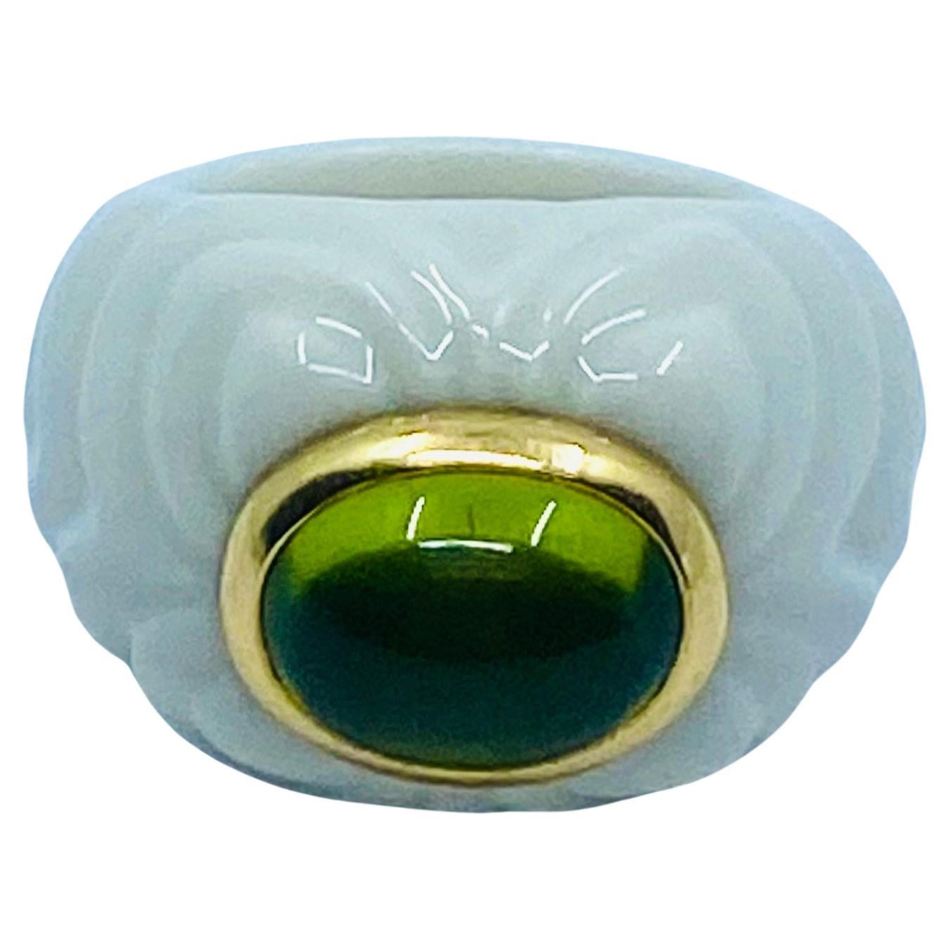 Women's Bulgari Chandra Ring Porcelain Peridot Gold For Sale