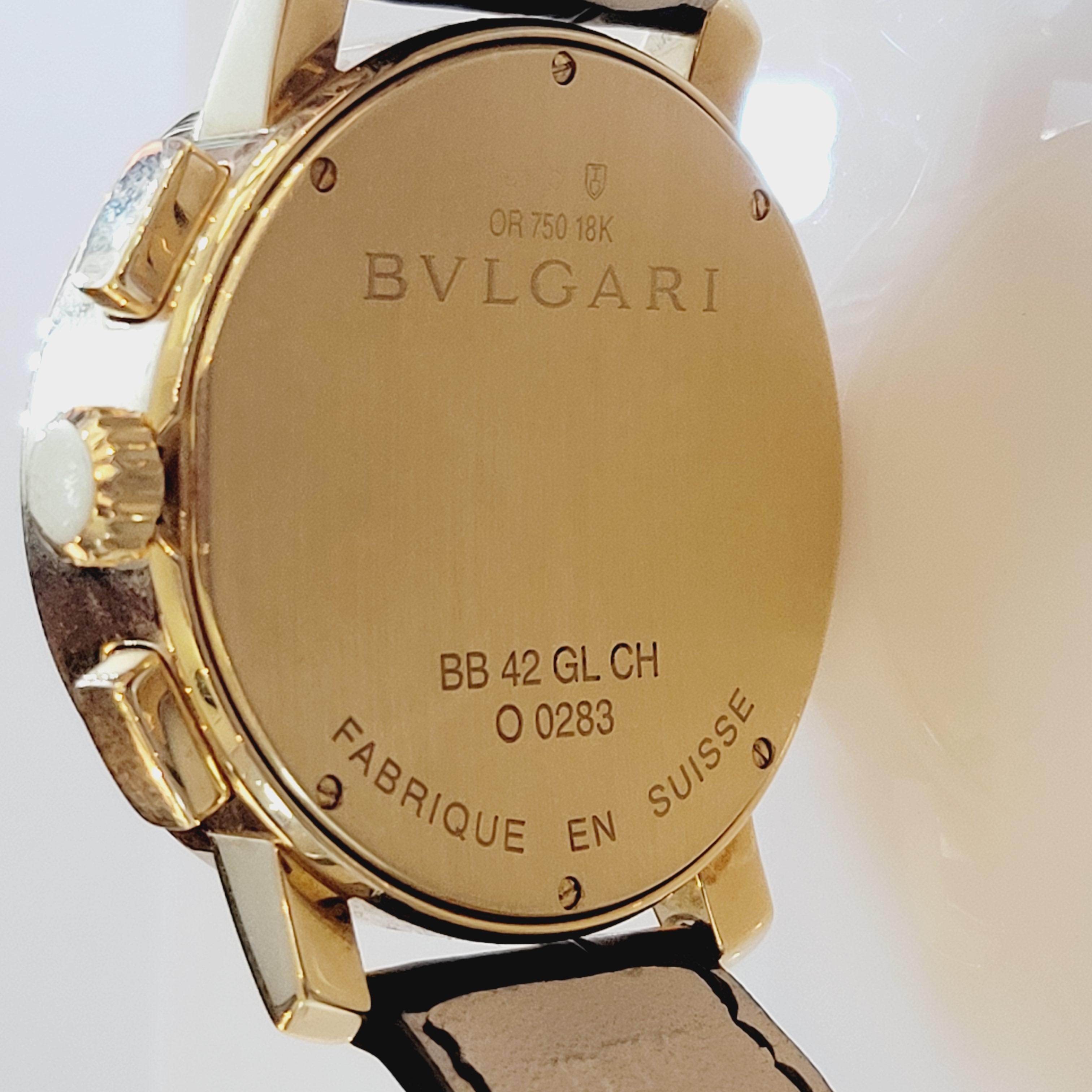 Listing code	G6LM20
Brand	Bulgari
Model	Bulgari
Reference number	BULGARI CHRONOGRAPH BB 42 GLCH AUTOMATIC 18K GOLD 42MM
Movement	Automatic
Case material	Yellow gold
Bracelet material	Leather
Year of production	2015
Condition	Very good (Worn with
