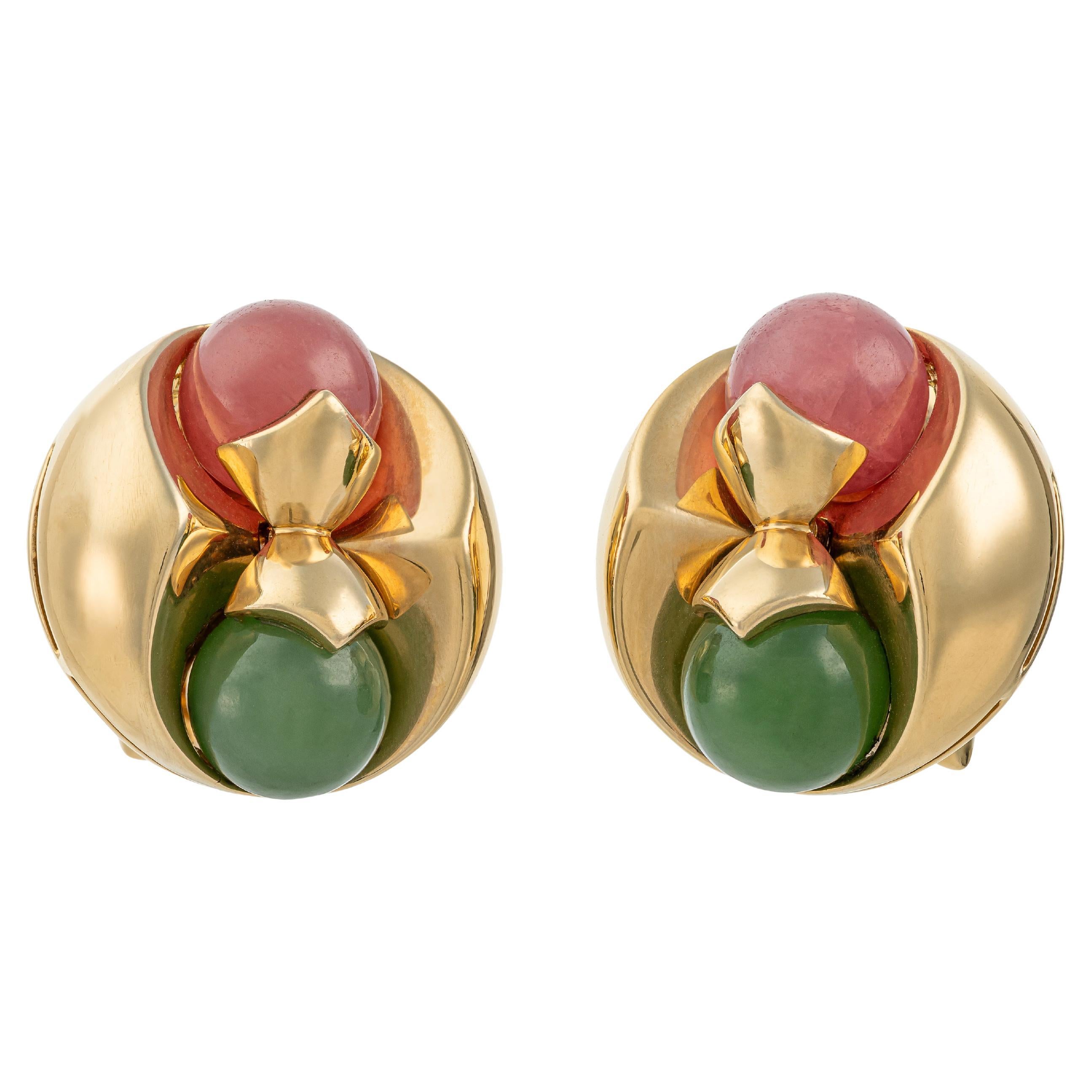 Bulgari Chrysoprase and Rhodocrosite Gold Earrings For Sale