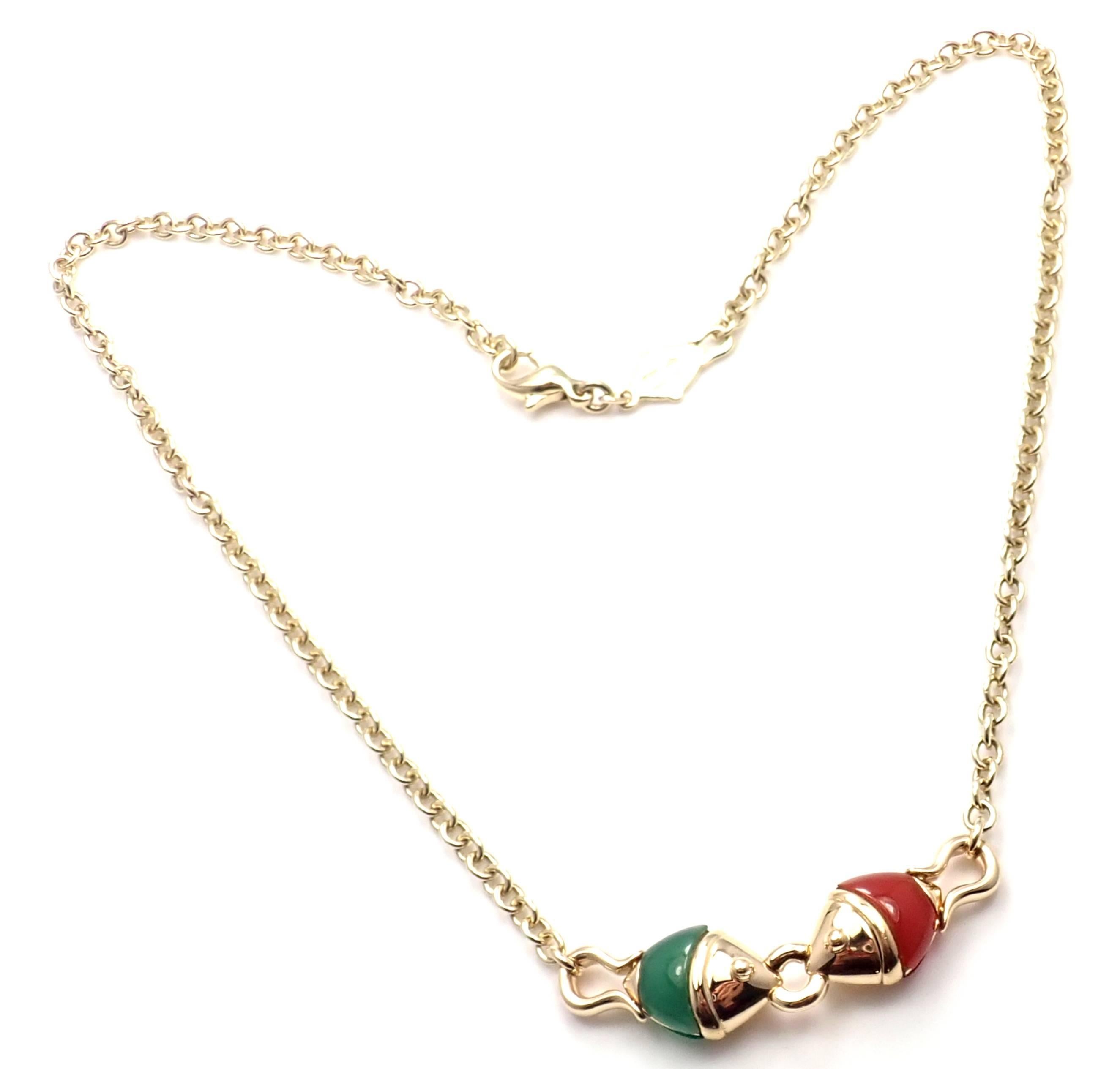18k Yellow Gold Chrysoprase And Carnelian Naturalia Fish Necklace by Bulgari. 
With 2 Chrysoprase stones
2 Carnelian stones
Details: 
Length: 16 3/4