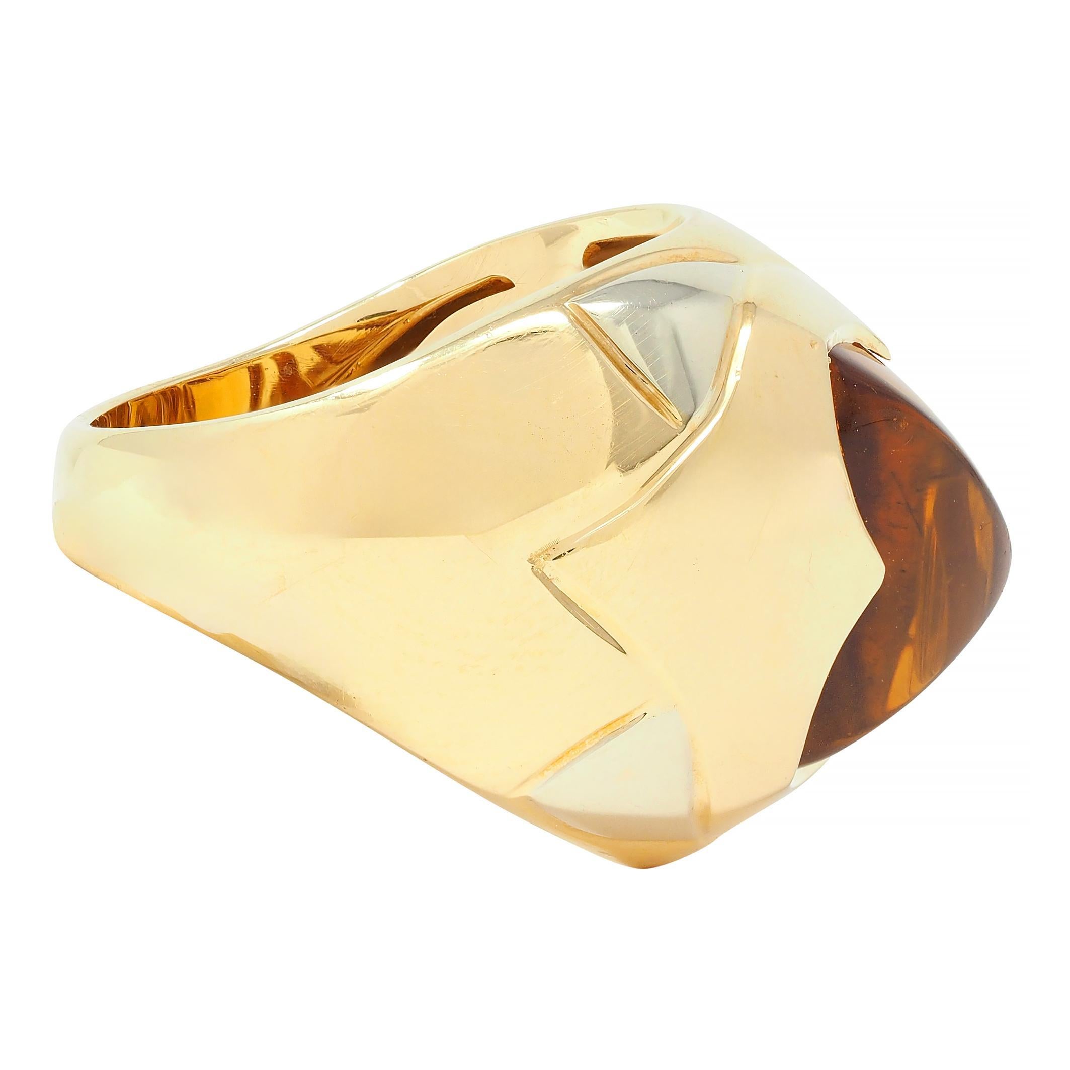 Women's or Men's Bulgari Citrine 18 Karat Two-Tone Gold Pyramid Quatrefoil Dome Ring