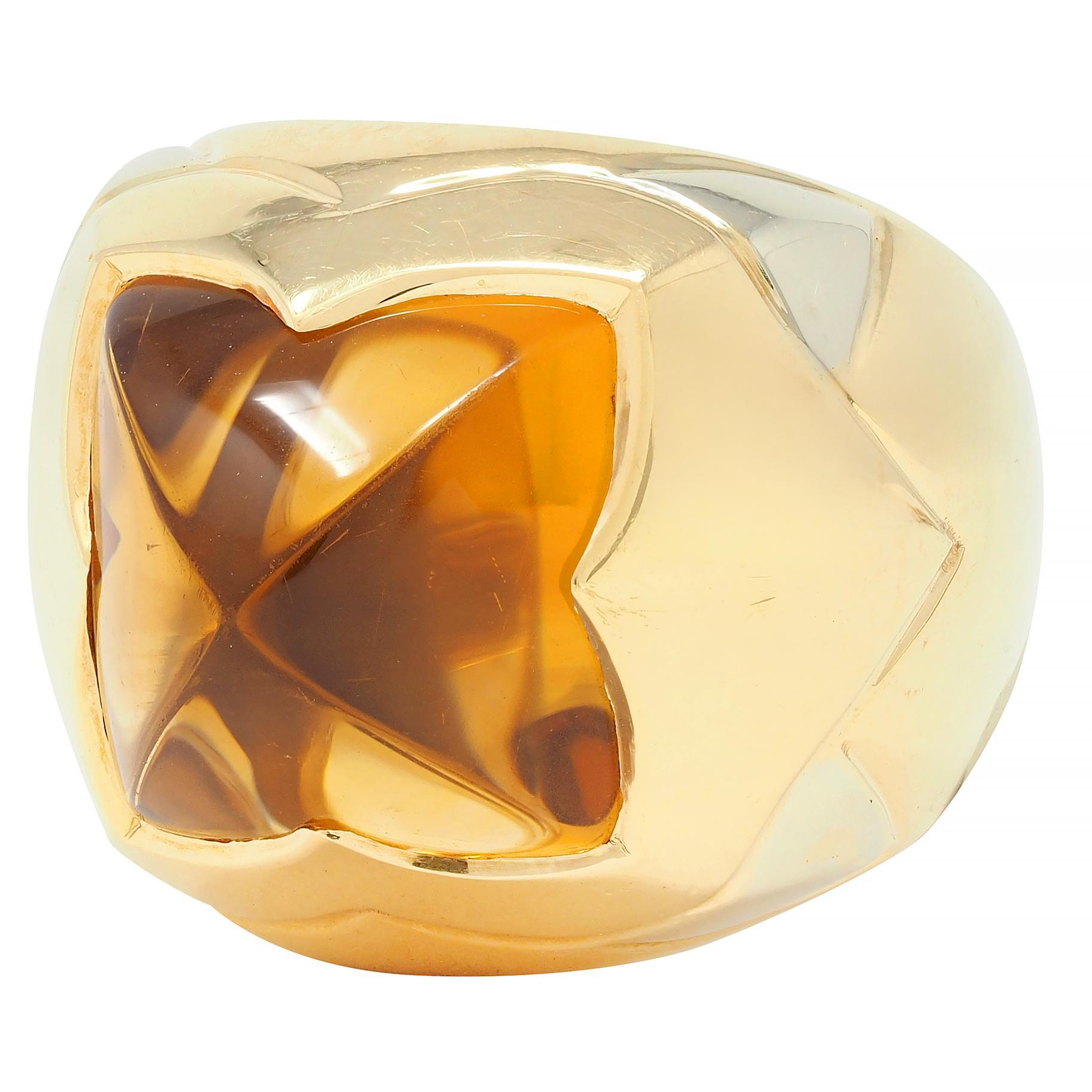 Bulgari Citrine 18 Karat Two-Tone Gold Pyramid Quatrefoil Dome Ring For Sale 3