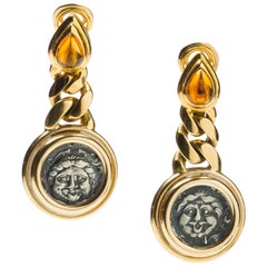 Antique Bulgari Citrine and 18 Karat Gold Coin Earrings